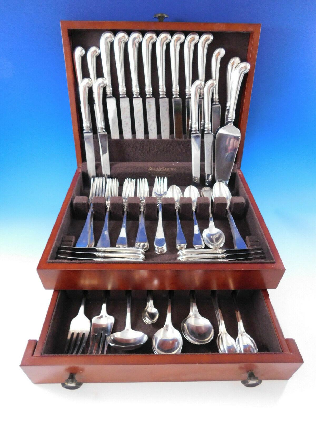 Superb King William by Tiffany and Co. sterling silver flatware set, 92 pieces. This old English style pattern was introduced in the year 1870. The pieces are large and heavy, with wonderful pistol grip handle knives. This set includes:

8 dinner