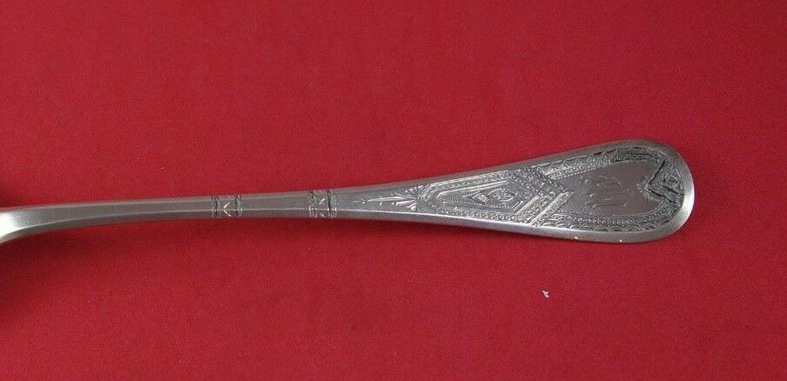 King William engraved by Tiffany & Co. (multi-motif handle pattern) sterling silver salad serving fork stippled, 10 1/2
