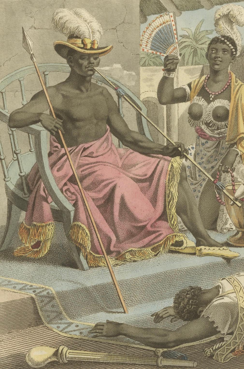 Königreich Dahomey (Benin) Figuren - Antiker handkolorierter Kupferstich (um 1810) (Niederländisch) im Angebot