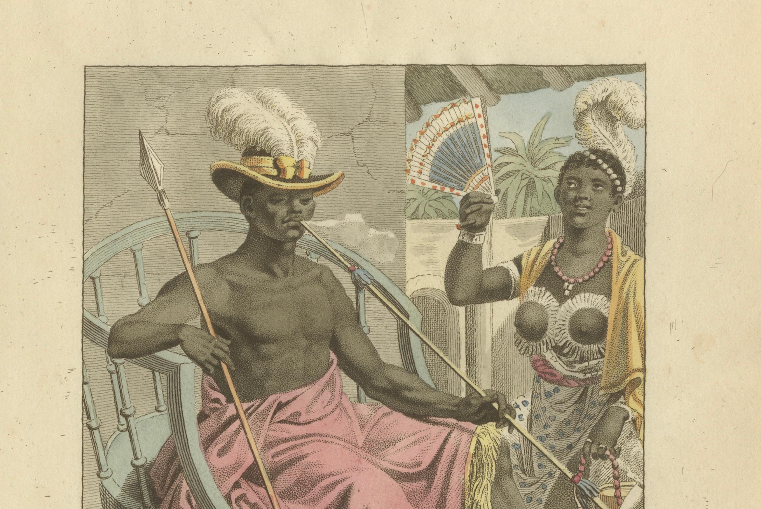 Königreich Dahomey (Benin) Figuren - Antiker handkolorierter Kupferstich (um 1810) (Graviert) im Angebot