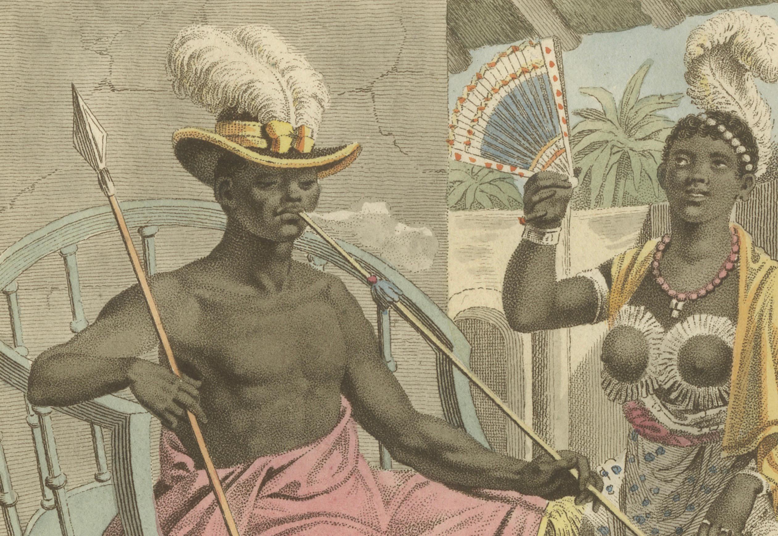 Königreich Dahomey (Benin) Figuren - Antiker handkolorierter Kupferstich (um 1810) im Zustand „Gut“ im Angebot in Langweer, NL