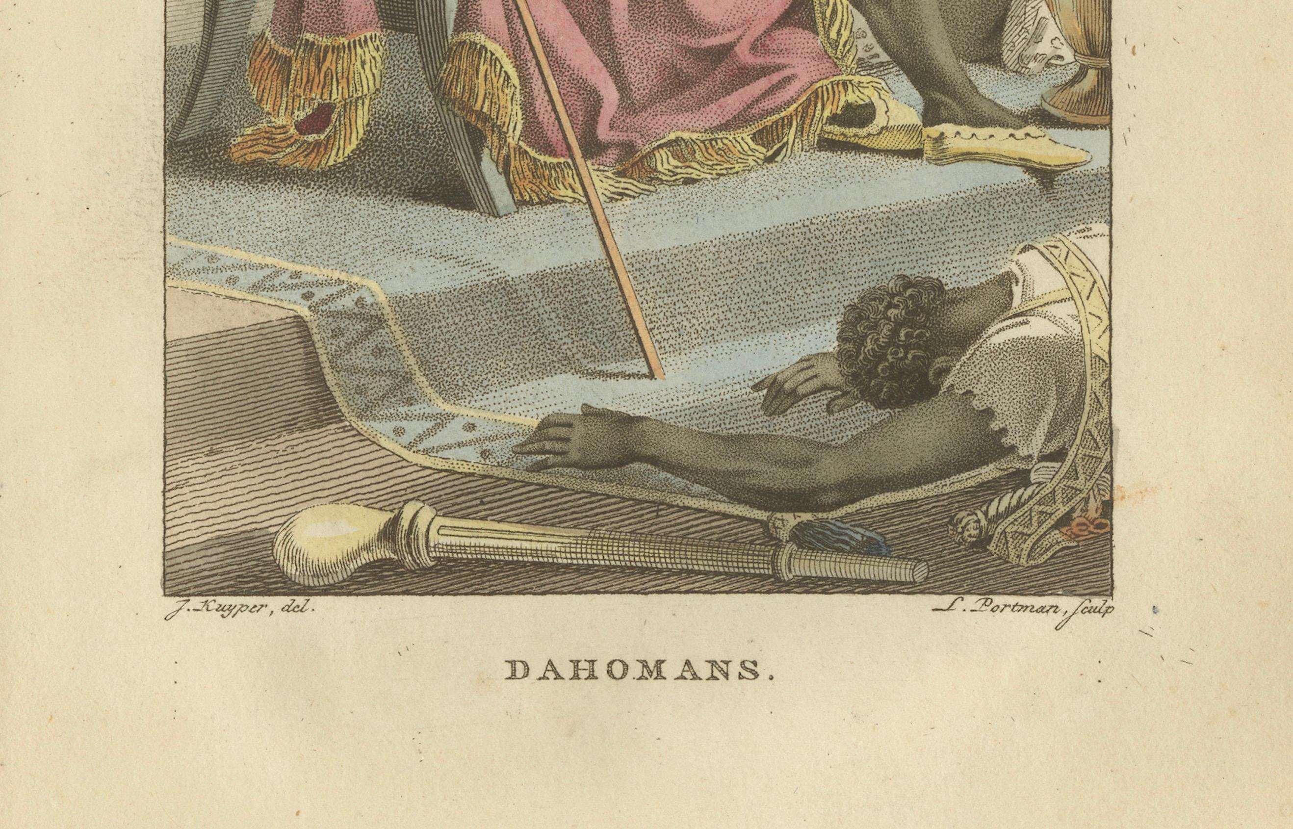 Königreich Dahomey (Benin) Figuren - Antiker handkolorierter Kupferstich (um 1810) (Papier) im Angebot