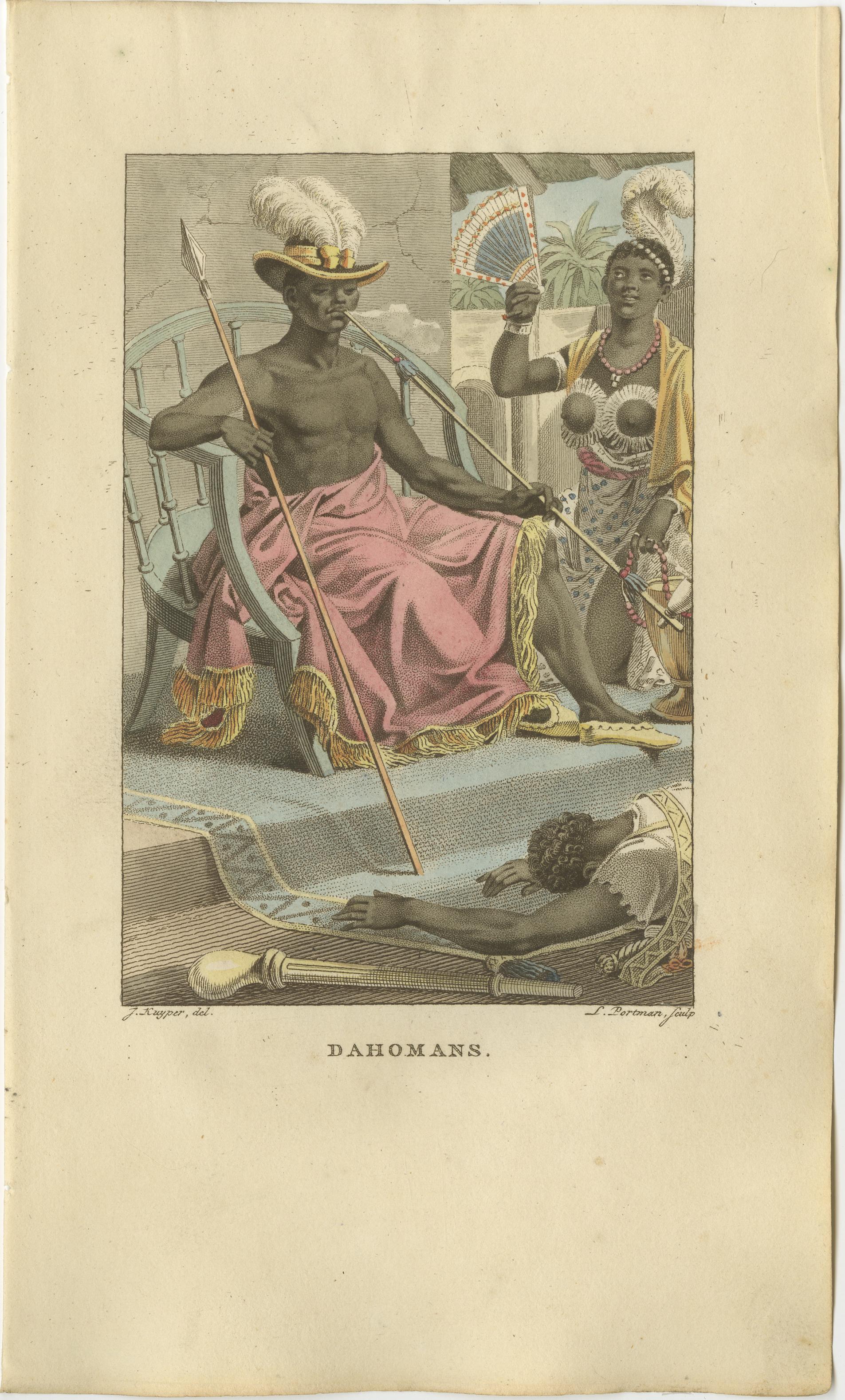 Königreich Dahomey (Benin) Figuren - Antiker handkolorierter Kupferstich (um 1810) im Angebot 1