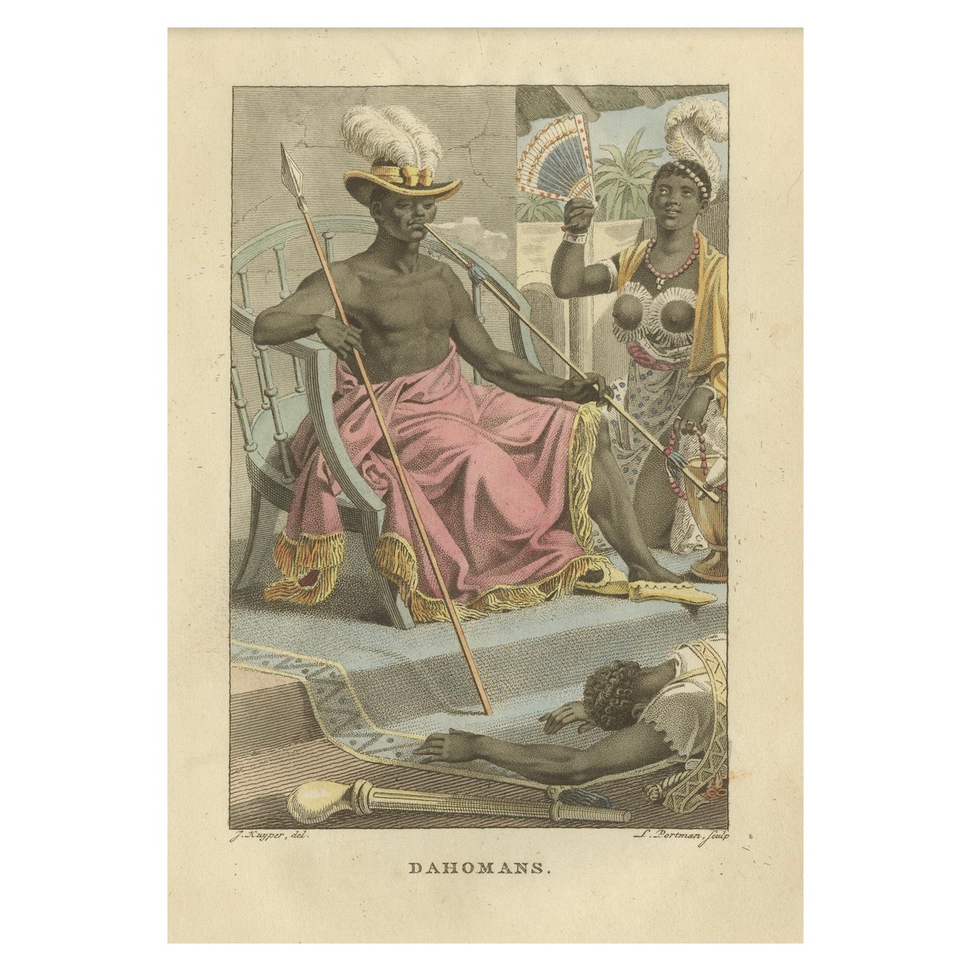 Königreich Dahomey (Benin) Figuren - Antiker handkolorierter Kupferstich (um 1810) im Angebot