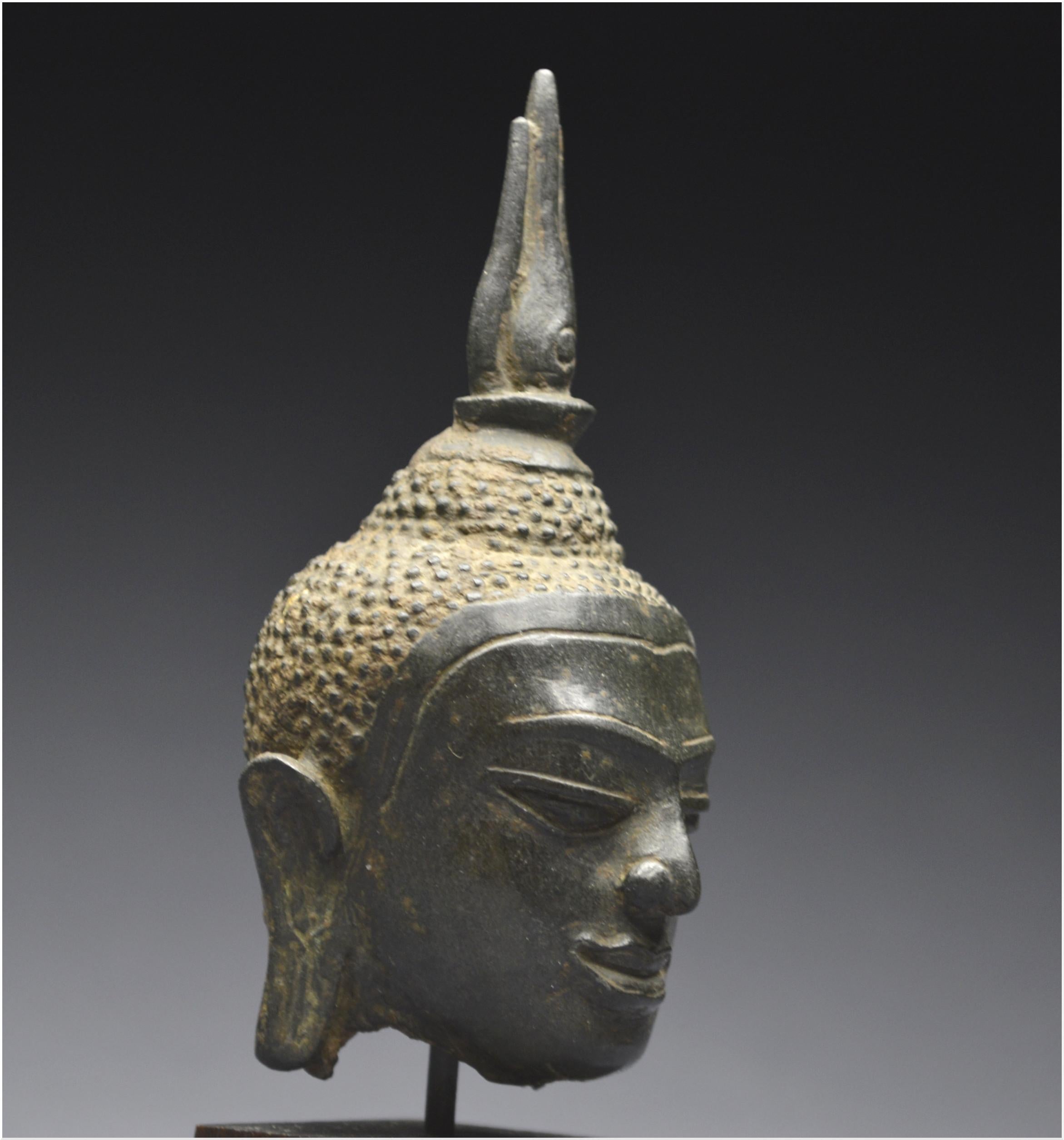 Kingdom of Siam, 14th - 15th century, U-Thong style, Small bronze Buddha head  5
