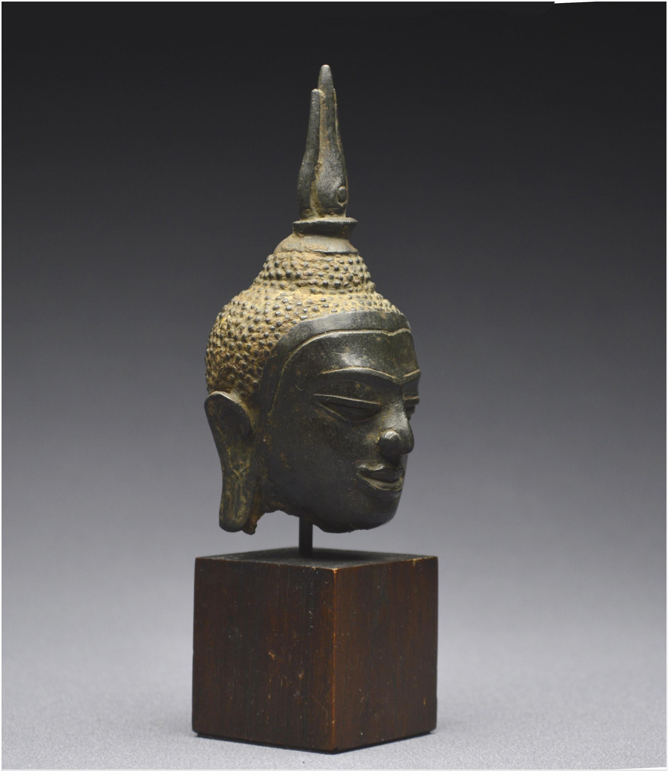 Kingdom of Siam, 14th - 15th century, U-Thong style, Small bronze Buddha head  In Good Condition In VILLEFONTAINE, FR