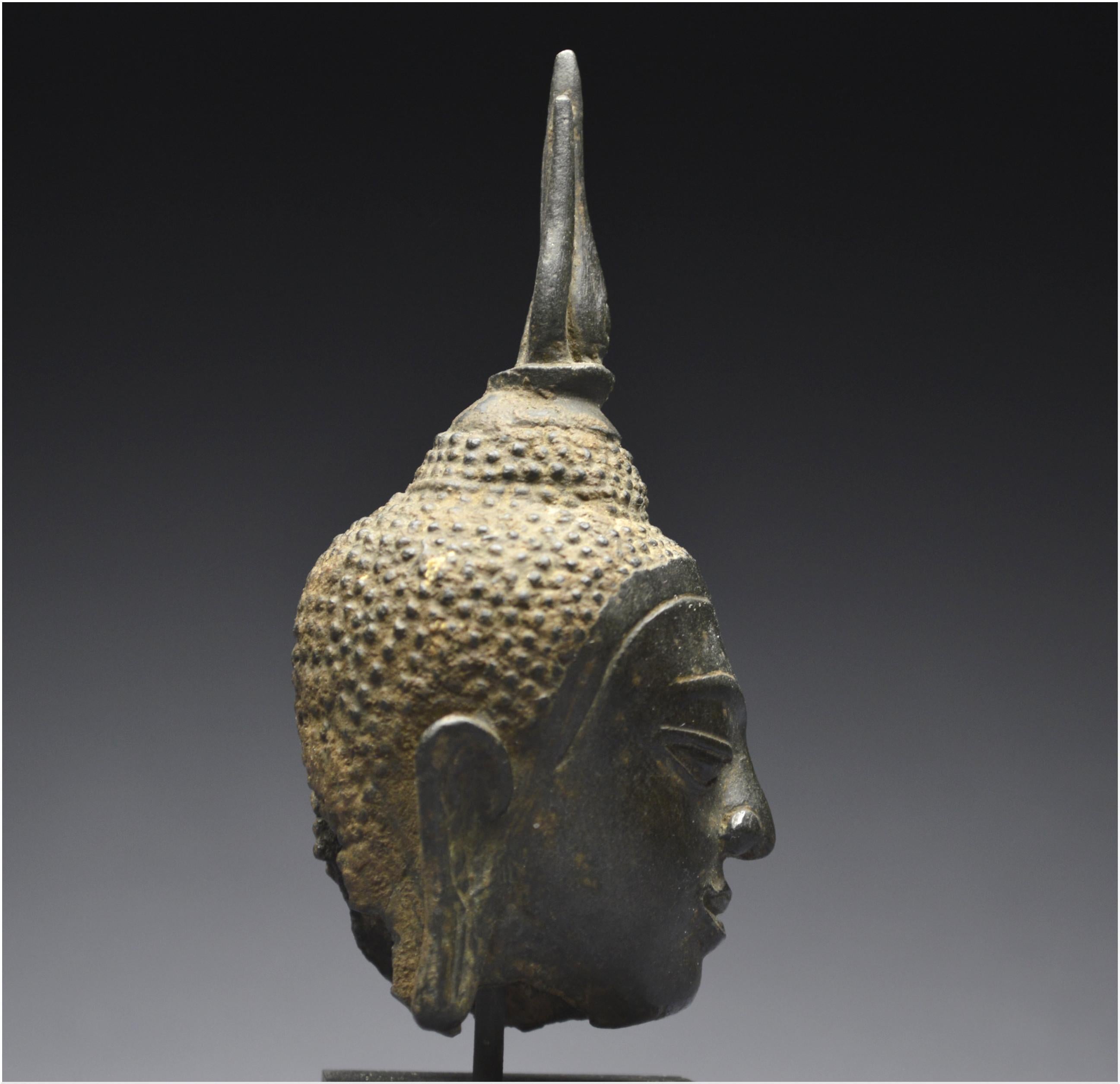Kingdom of Siam, 14th - 15th century, U-Thong style, Small bronze Buddha head  3