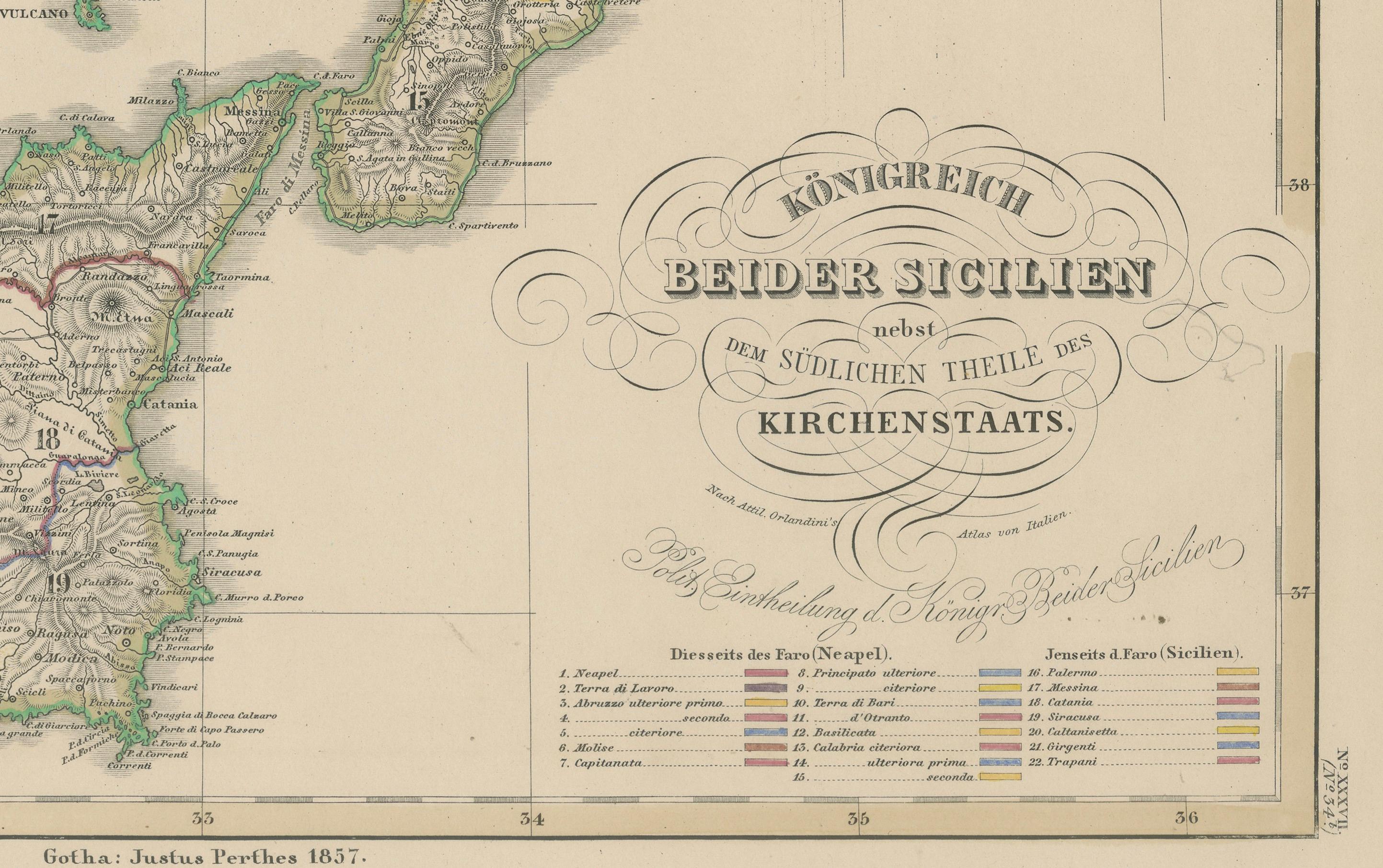 Papier Carte du Royaume des Deux Siciles - Italie du Sud et Sicile 1857 en vente