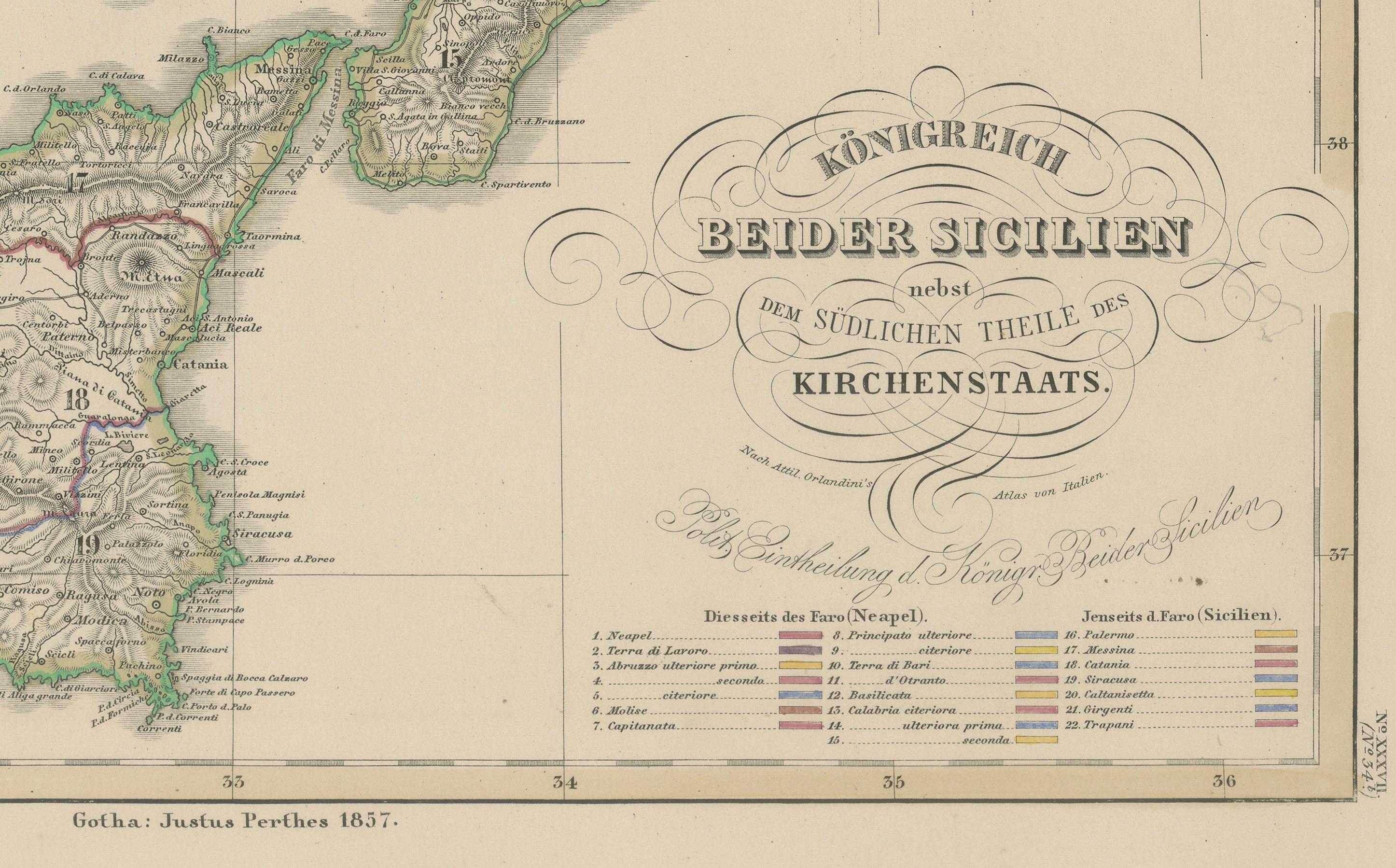 Papier Carte du Royaume des Deux Siciles - Italie du Sud et Sicile 1857 en vente