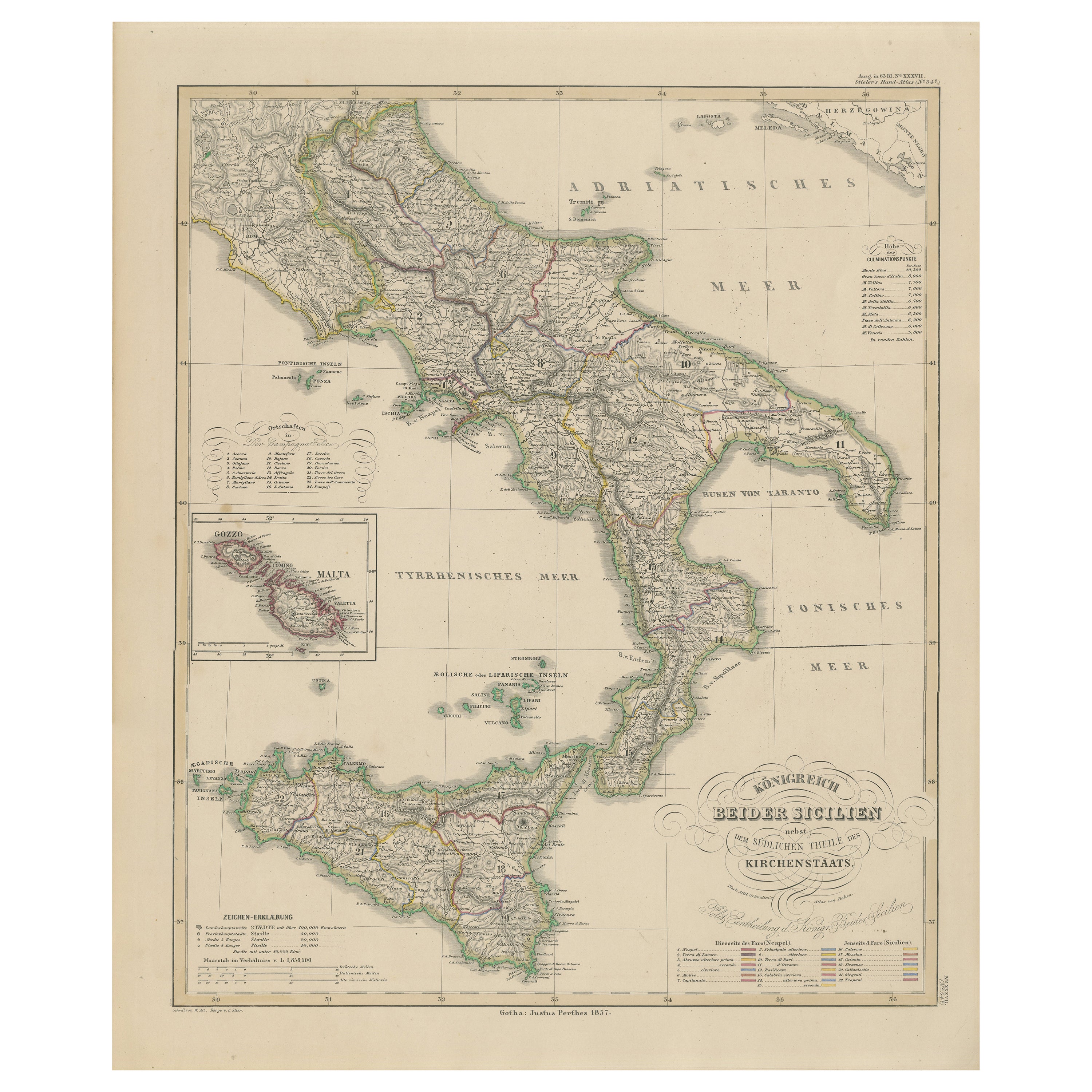 Carte du Royaume des Deux Siciles - Italie du Sud et Sicile 1857 en vente