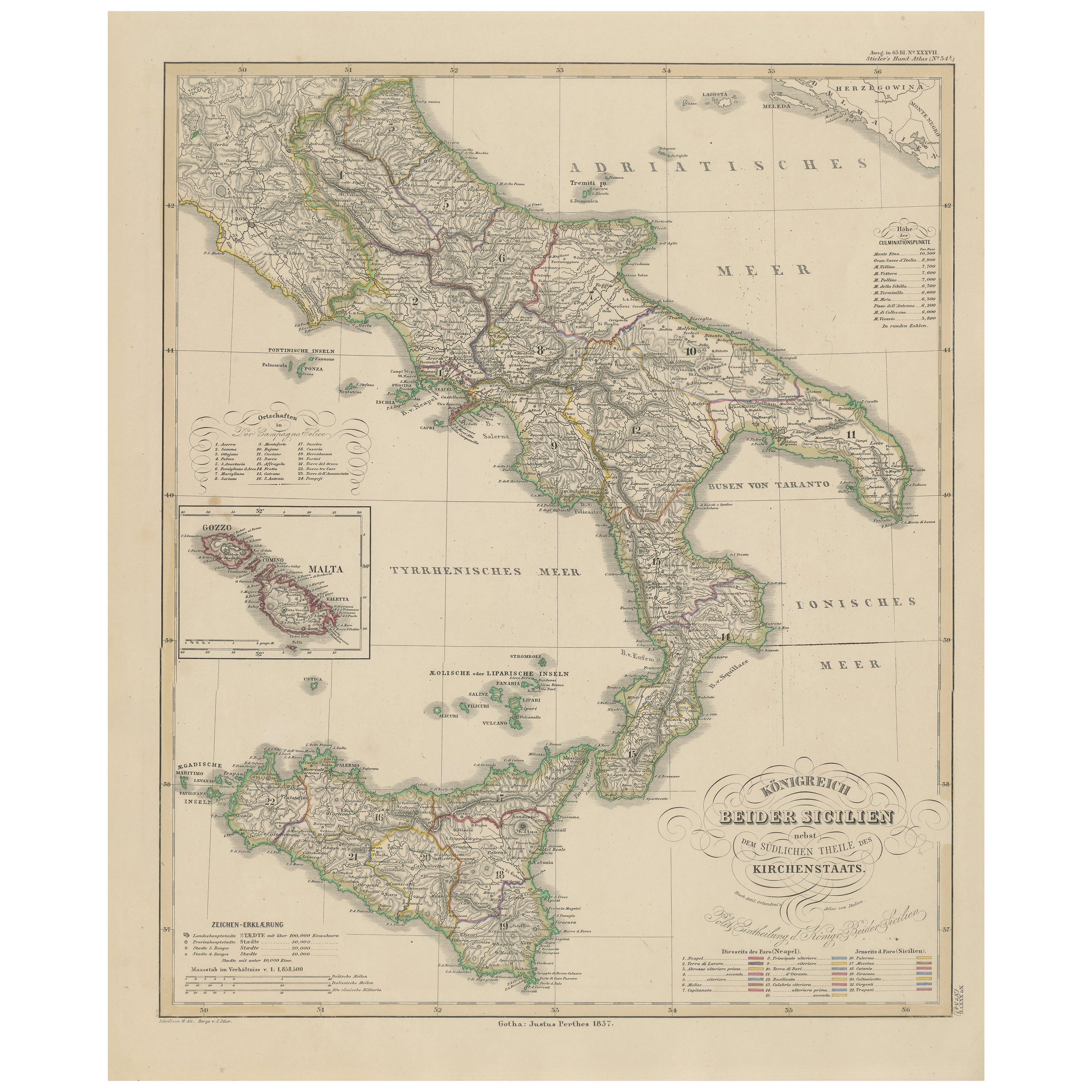 Carte du Royaume des Deux Siciles - Italie du Sud et Sicile 1857