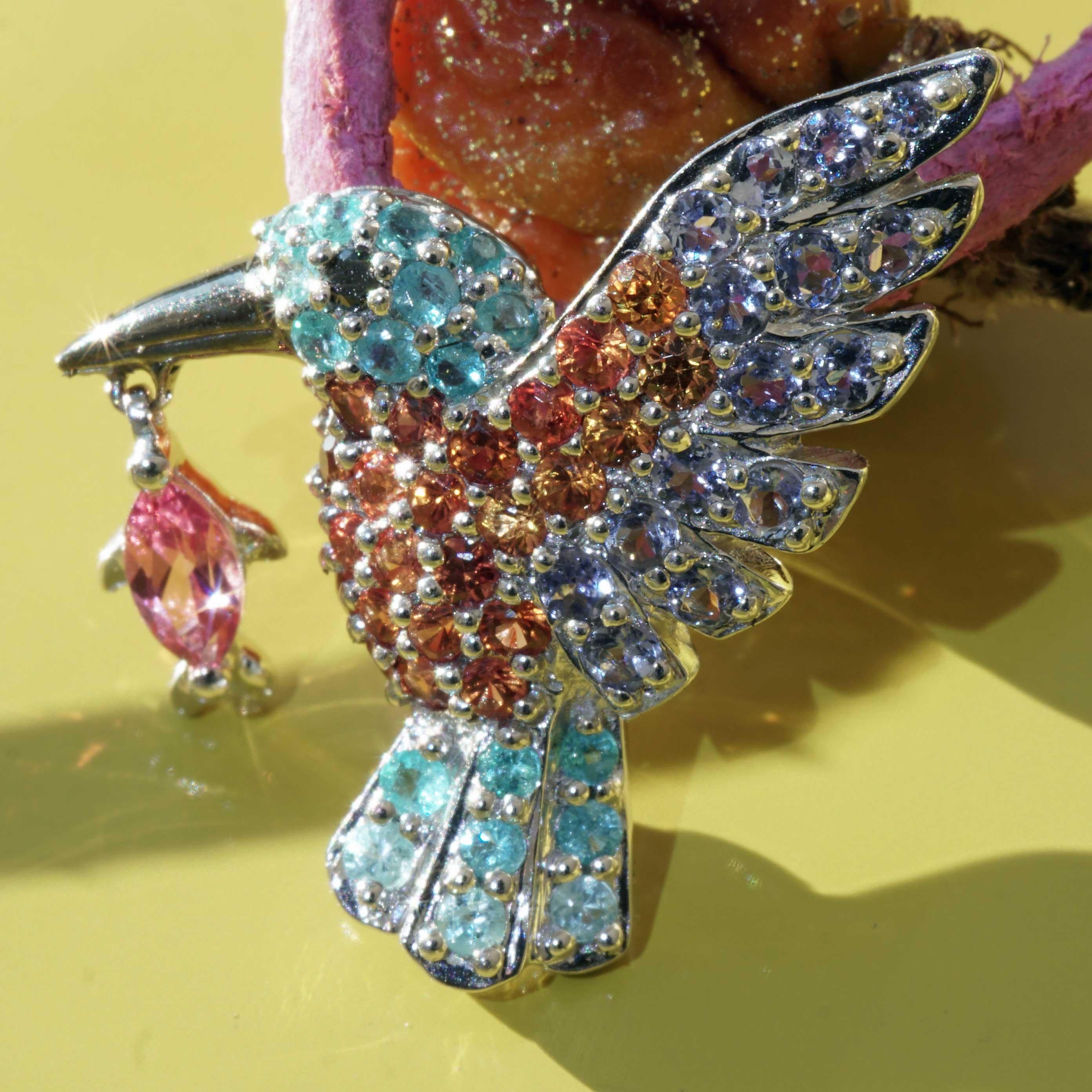 Kingfisher Bird Pendant Paraiba Tourmaline and Spinel most extravagant Colors  For Sale 4
