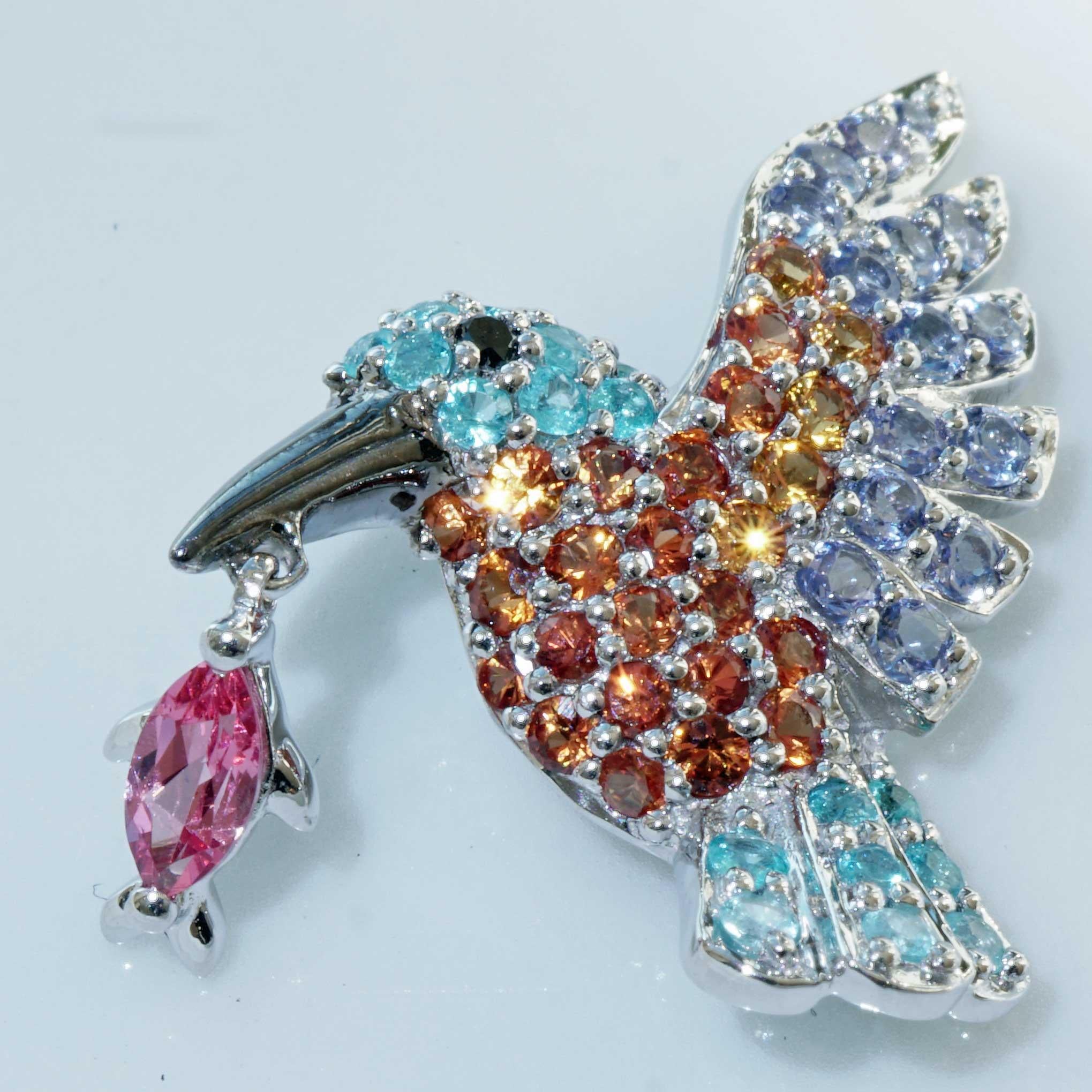 Round Cut Kingfisher Bird Pendant Paraiba Tourmaline and Spinel most extravagant Colors  For Sale