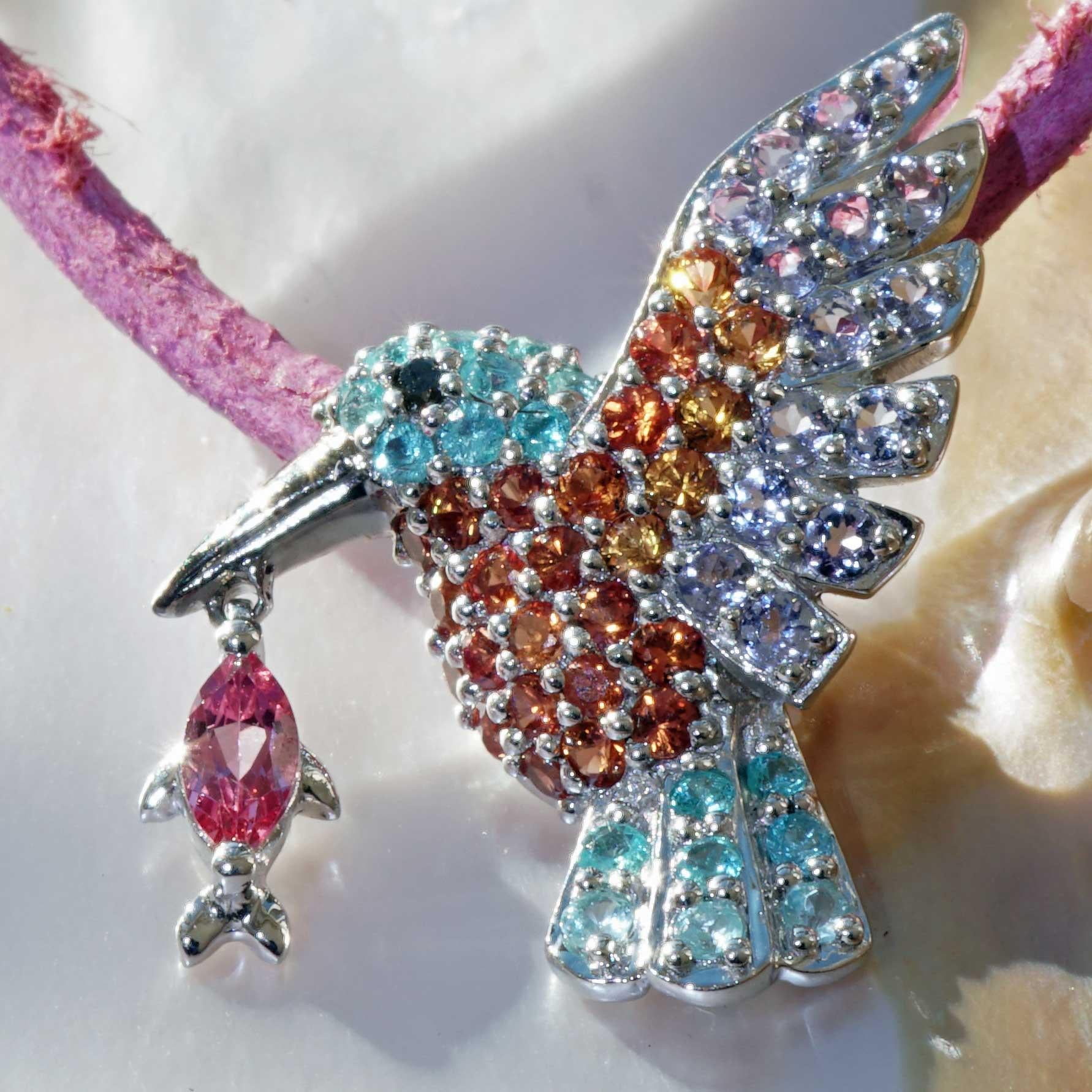 Women's or Men's Kingfisher Bird Pendant Paraiba Tourmaline and Spinel most extravagant Colors 