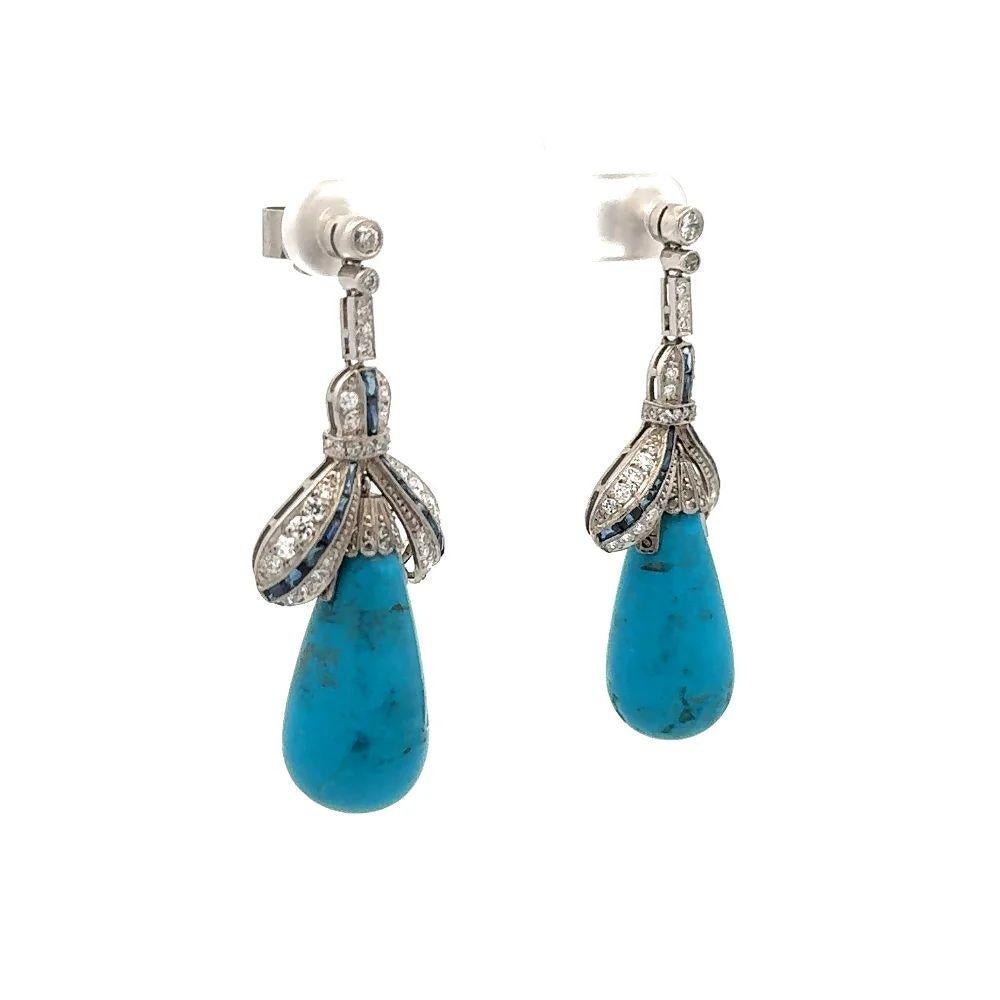 Simply Beautiful! Stylish and Finely detailed Vintage Oscar Worthy Kingman Cabochon Turquoise, OEC Diamond and French Cut Sapphire Platinum Drop Earrings. Hand set with Kingman Cabochon Turquoise Gemstones, approx. 35tcw, Old European Cut Diamonds,