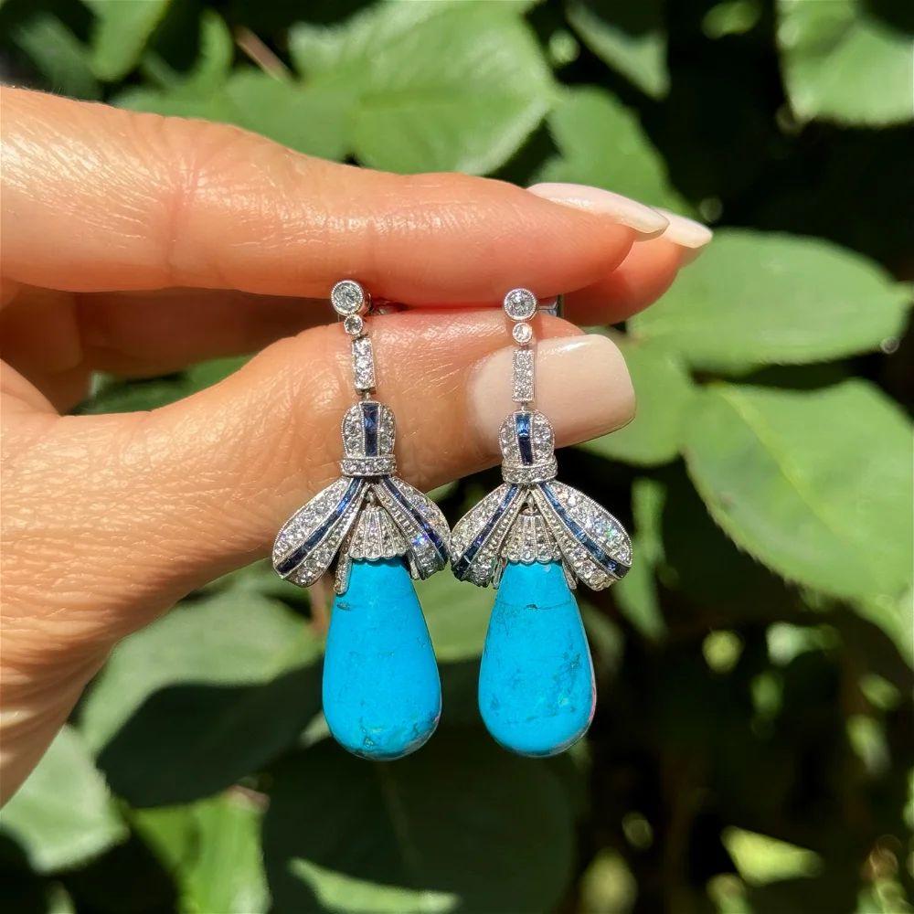 Art Deco Kingman Cabochon Turquoise Diamond and Sapphire Platinum Statement Drop Earrings For Sale