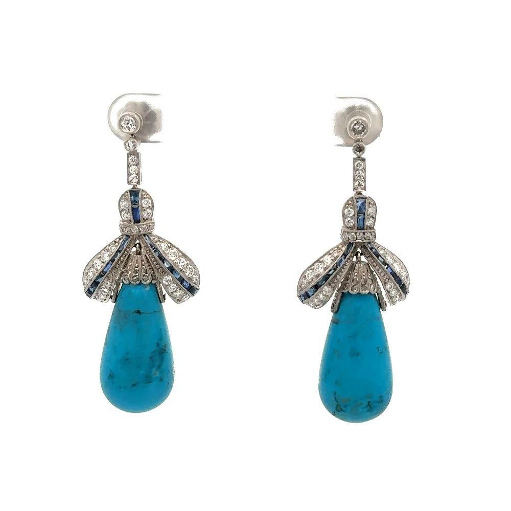 Mixed Cut Kingman Cabochon Turquoise Diamond and Sapphire Platinum Statement Drop Earrings For Sale