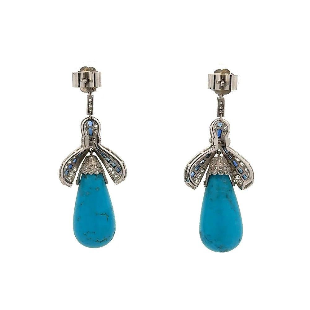 Kingman Cabochon Turquoise Diamond and Sapphire Platinum Statement Drop Earrings In Excellent Condition For Sale In Montreal, QC