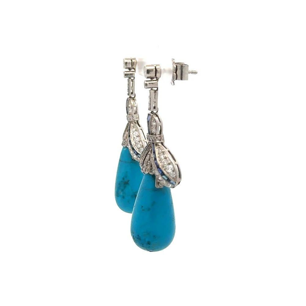 Women's Kingman Cabochon Turquoise Diamond and Sapphire Platinum Statement Drop Earrings For Sale