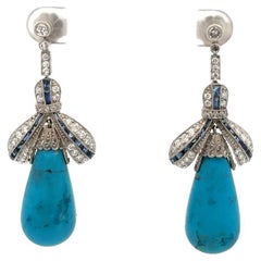Kingman Cabochon Turquoise Diamond and Sapphire Platinum Statement Drop Earrings