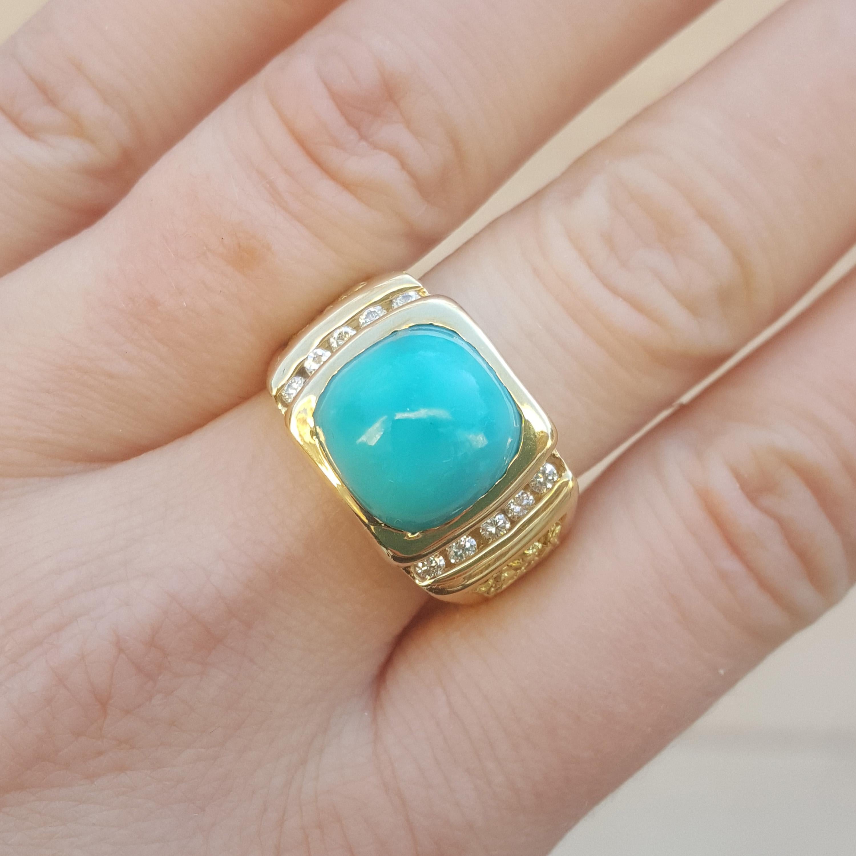 This bright robin’s egg blue of Kingman Mine turquoise is completely natural, and looks gorgeous with the rich gold color. This classic 18kt yellow gold men’s ring is accented with 0.30ct fine diamonds, and natural gold nuggets.

This ring measures