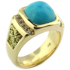 Bague pour homme en turquoise:: diamant et pépite d'or 18 carats de la mine Kingman