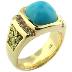 Kingman Mine Turquoise, Diamond and Gold Nugget 18 Karat Men's Ring