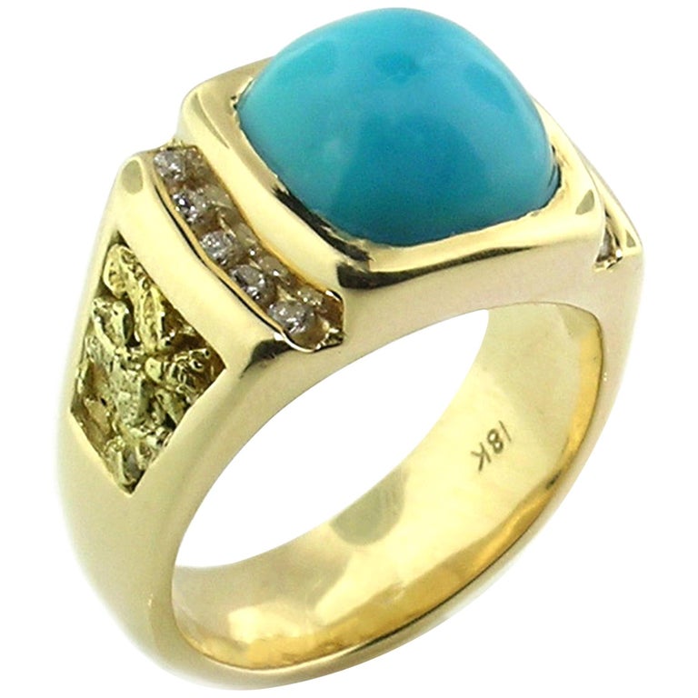 Kingman Mine Turquoise, Diamond and Gold Nugget 18 Karat Men's Ring For Sale at 1stDibs