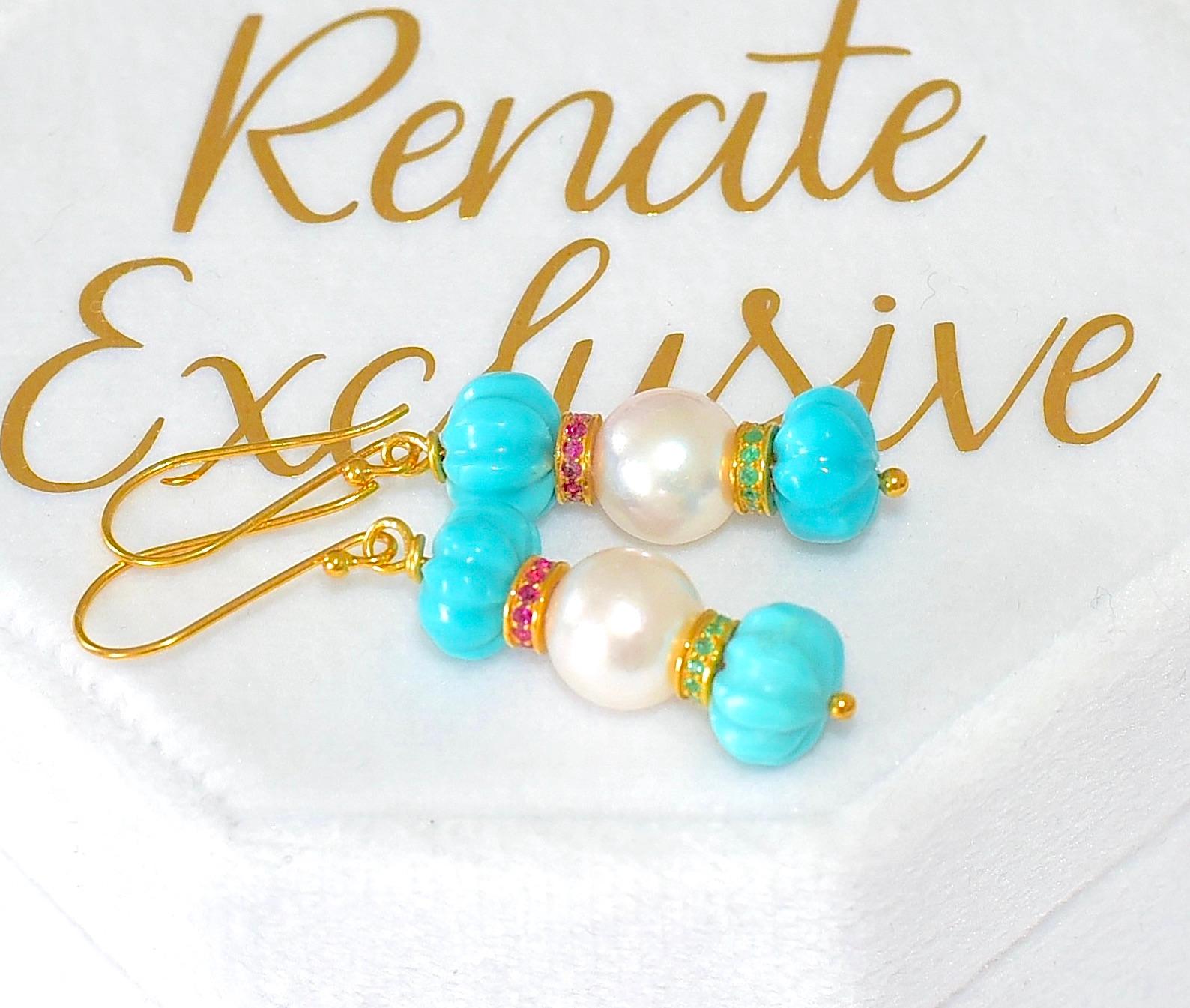 Women's Kingman Turquoise, Akoya Pearl, Eternity Bead Earrings in 18K Solid Gold For Sale