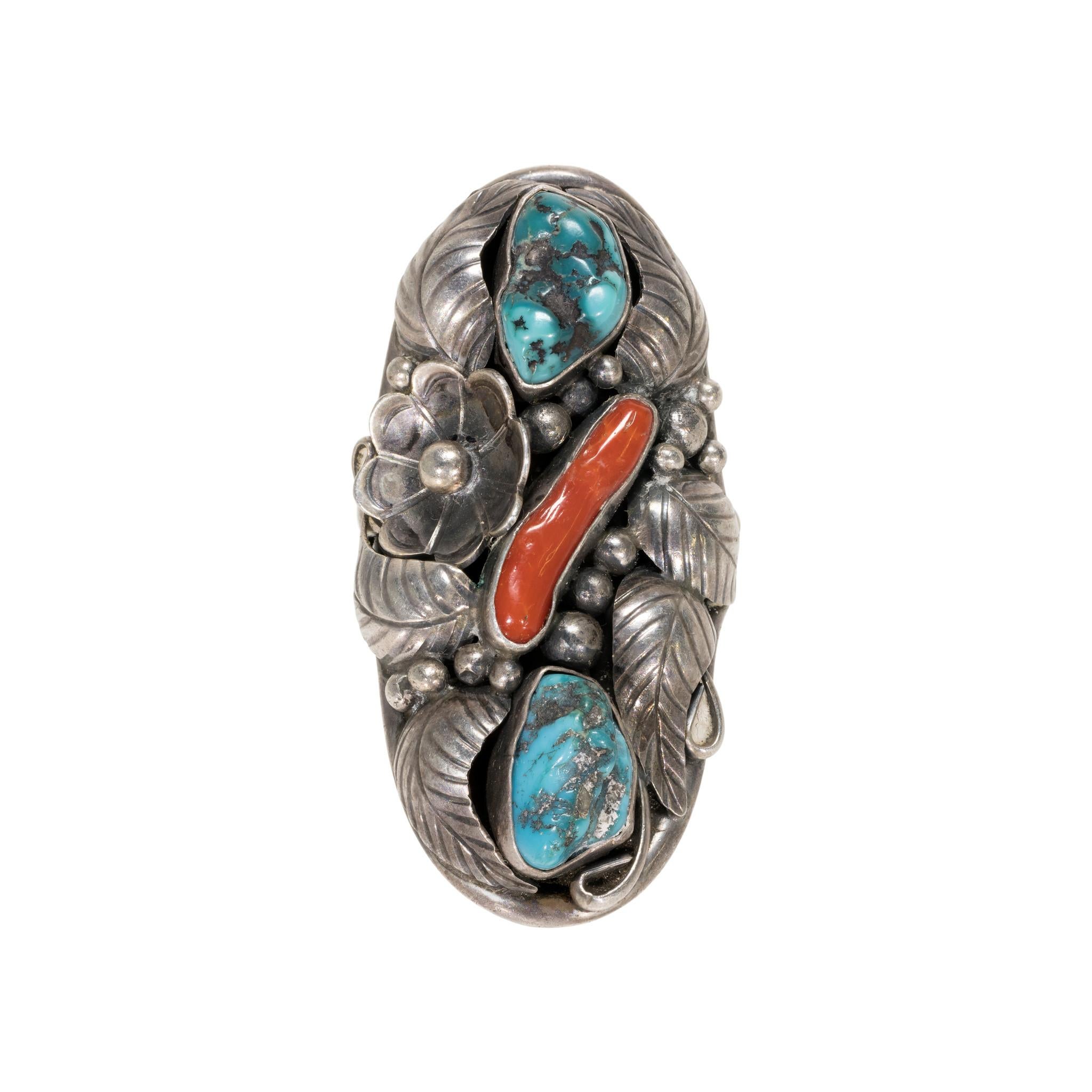 Old Mine Cut Kingman Turquoise and Coral Ring For Sale