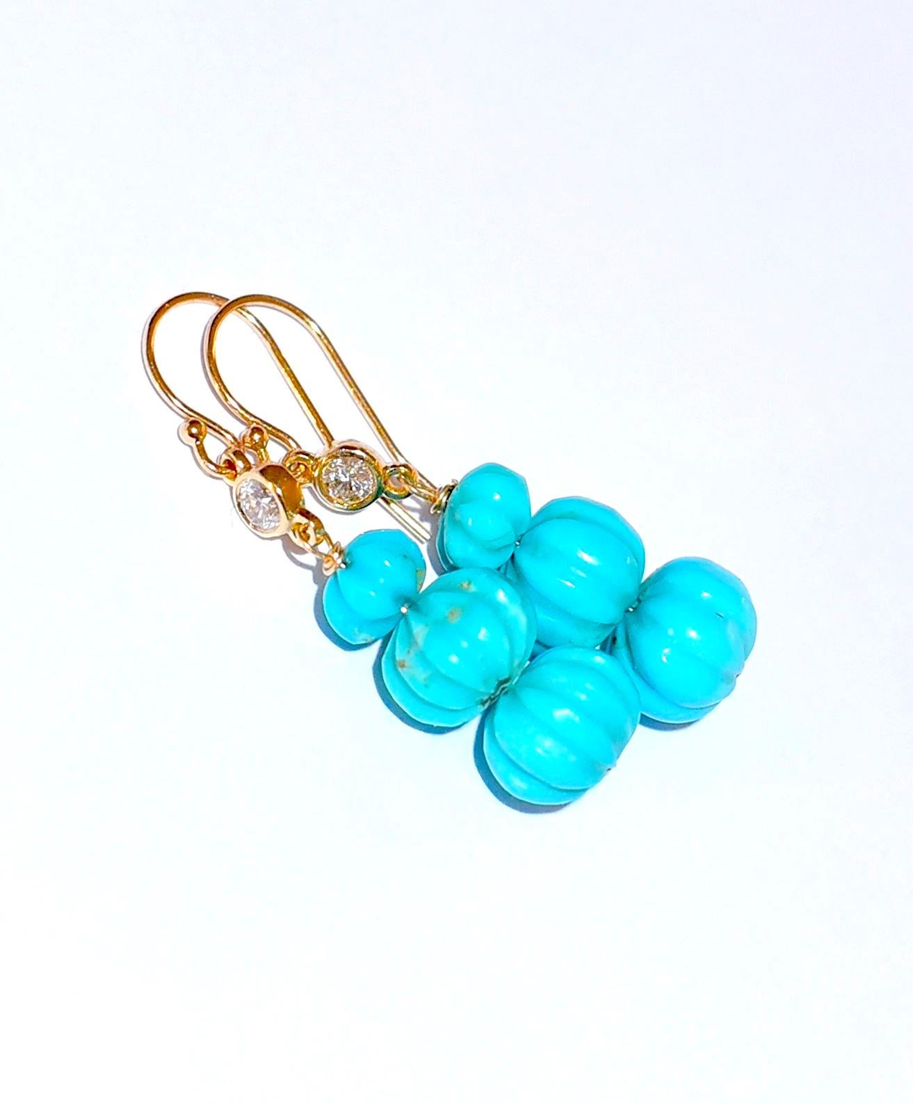 Bead Kingman Turquoise and White Diamond Earrings in 14K Solid Yellow Gold