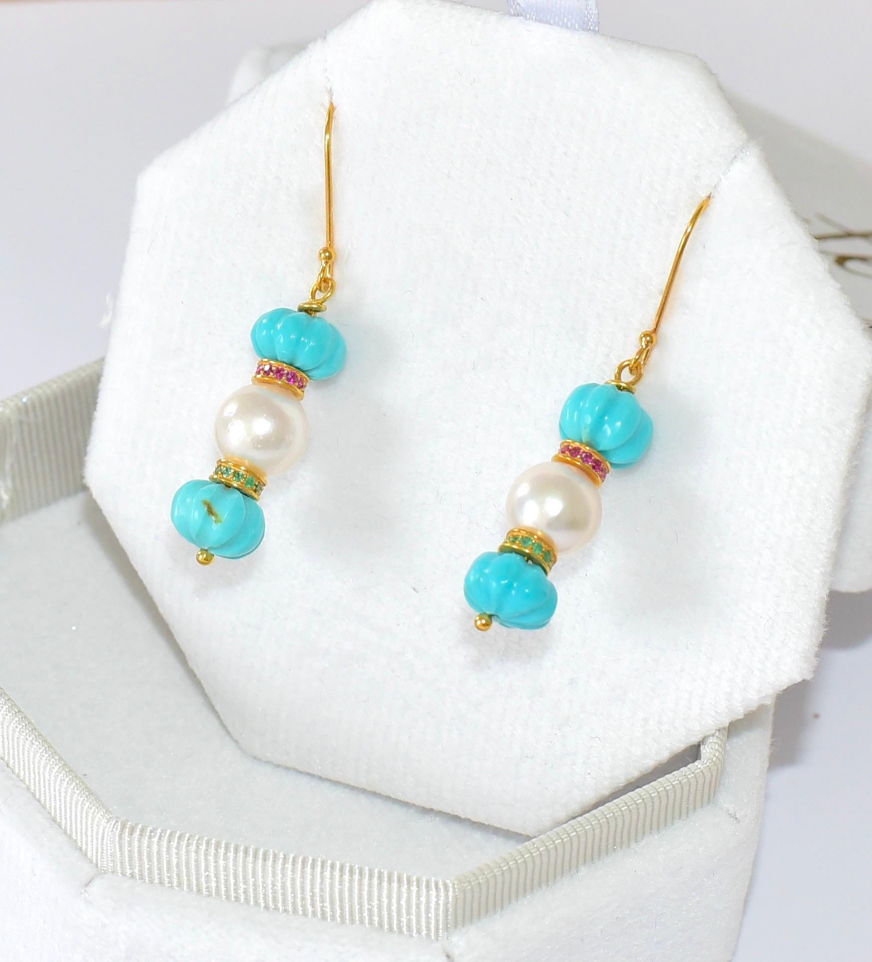 Artisan Kingman Turquoise, Akoya Pearl, Eternity Bead Earrings in 18K Solid Gold For Sale