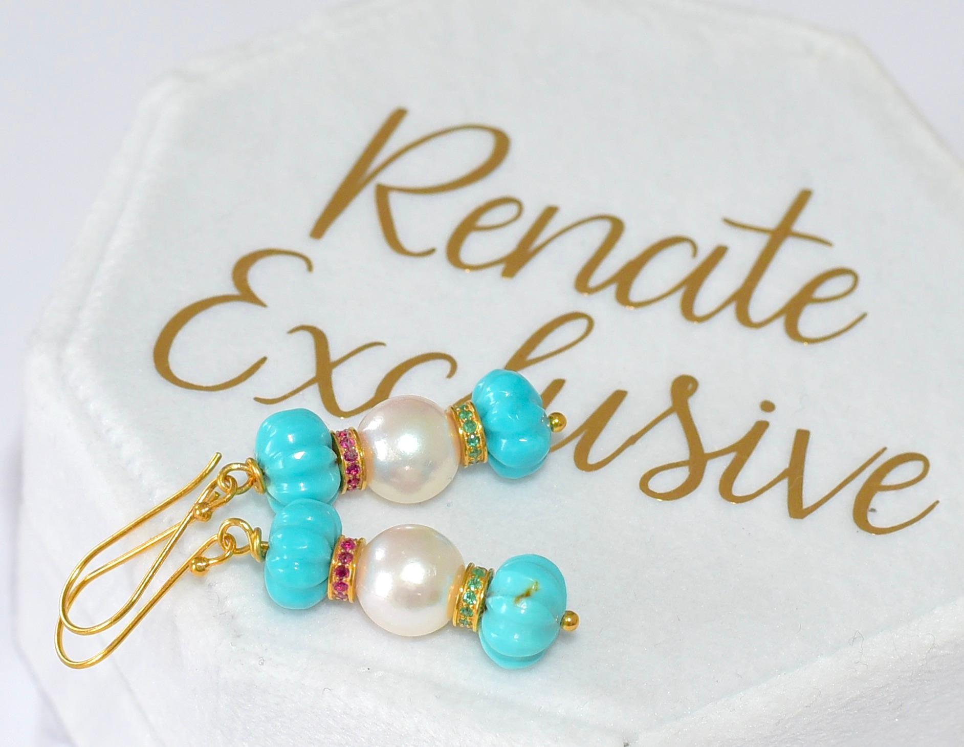 Kingman Turquoise, Akoya Pearl, Eternity Bead Earrings in 18K Solid Gold For Sale 5
