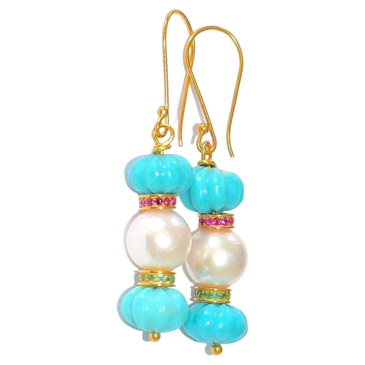 Kingman Turquoise, Akoya Pearl, Eternity Bead Earrings in 18K Solid Gold For Sale