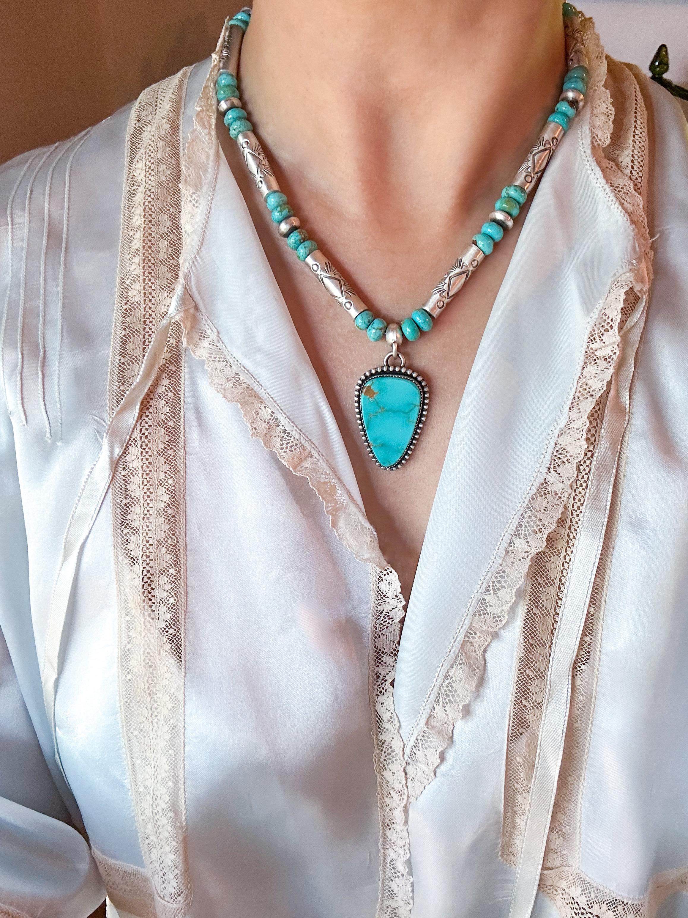 Native American Kingman Turquoise Fine Silver Beaded Necklace with Sonoran Pendant For Sale
