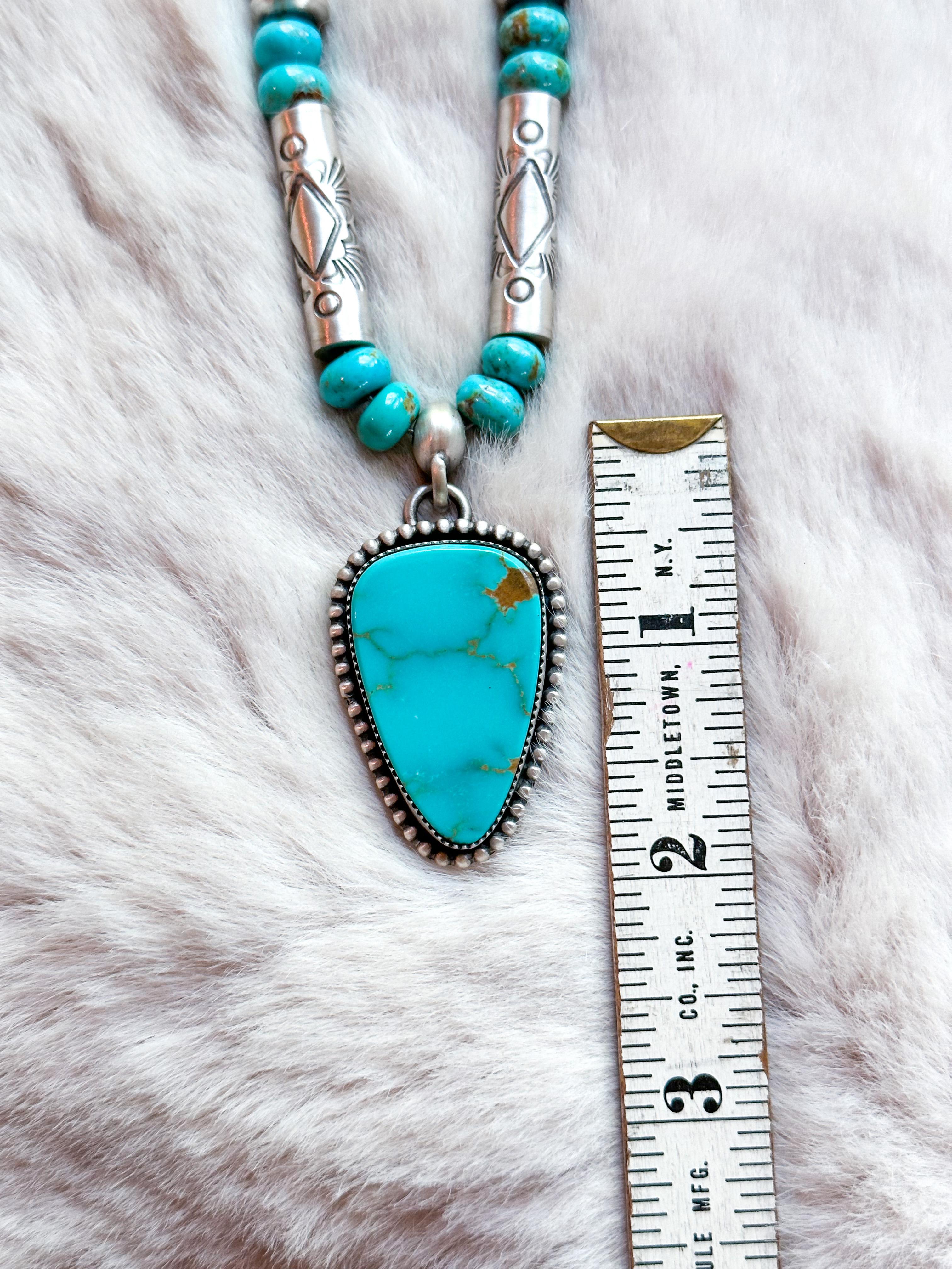 Women's or Men's Kingman Turquoise Fine Silver Beaded Necklace with Sonoran Pendant For Sale