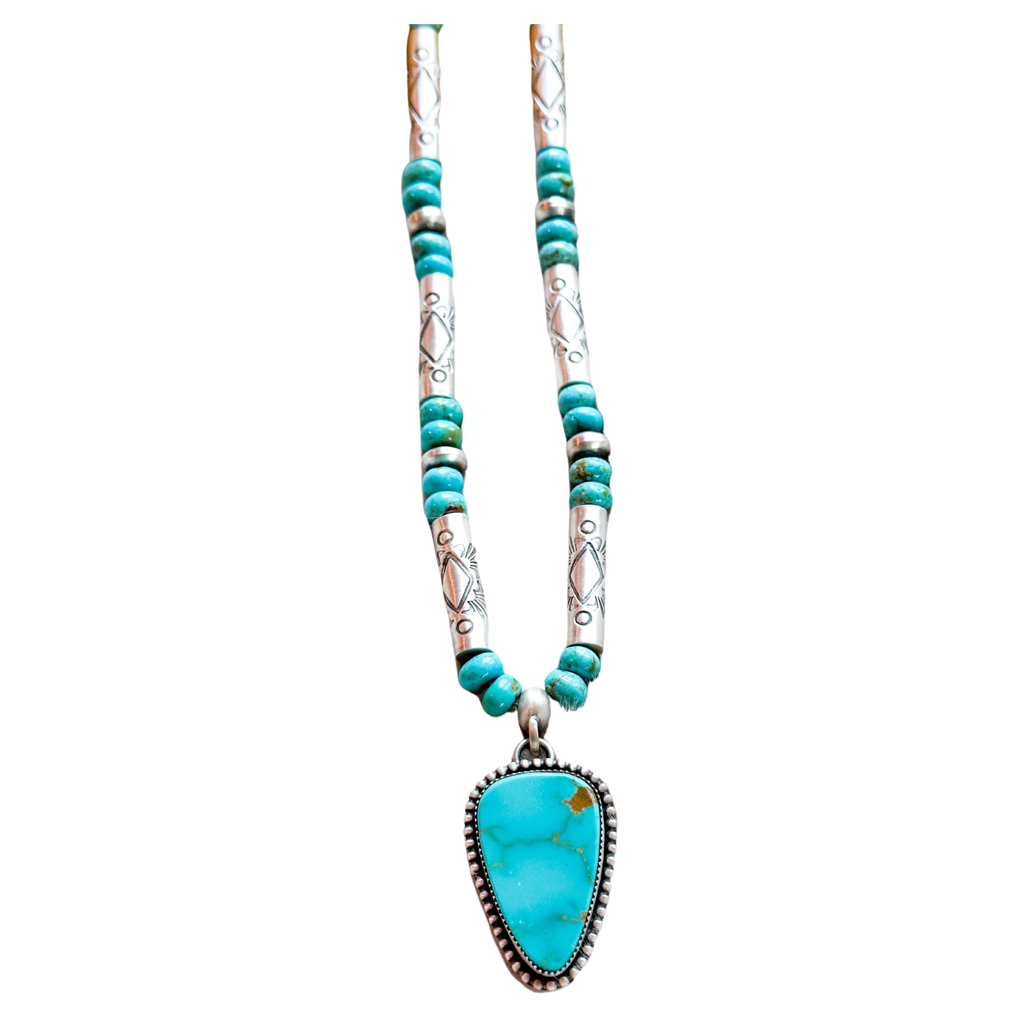 Kingman Turquoise Fine Silver Beaded Necklace with Sonoran Pendant For Sale