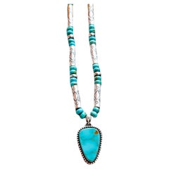 Kingman Turquoise Fine Silver Beaded Necklace with Sonoran Pendant