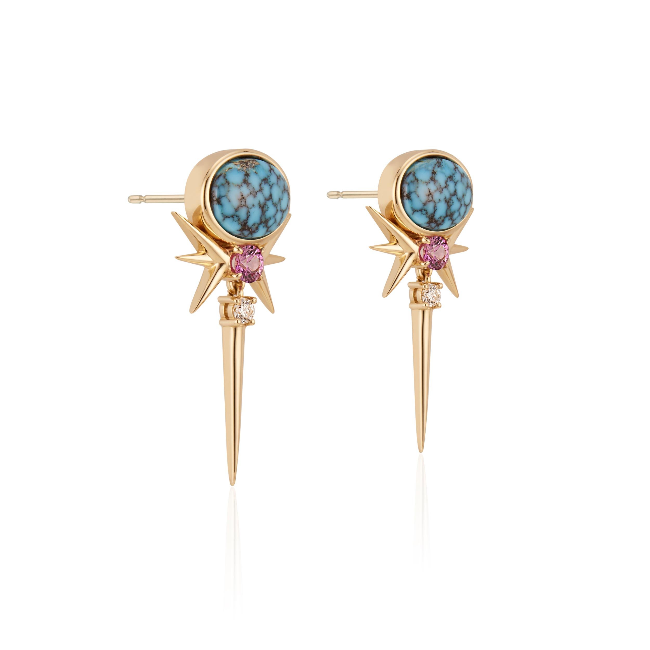 Modern Kingman Turquoise, Fuchsia Sapphire & Diamond Drop Earrings For Sale