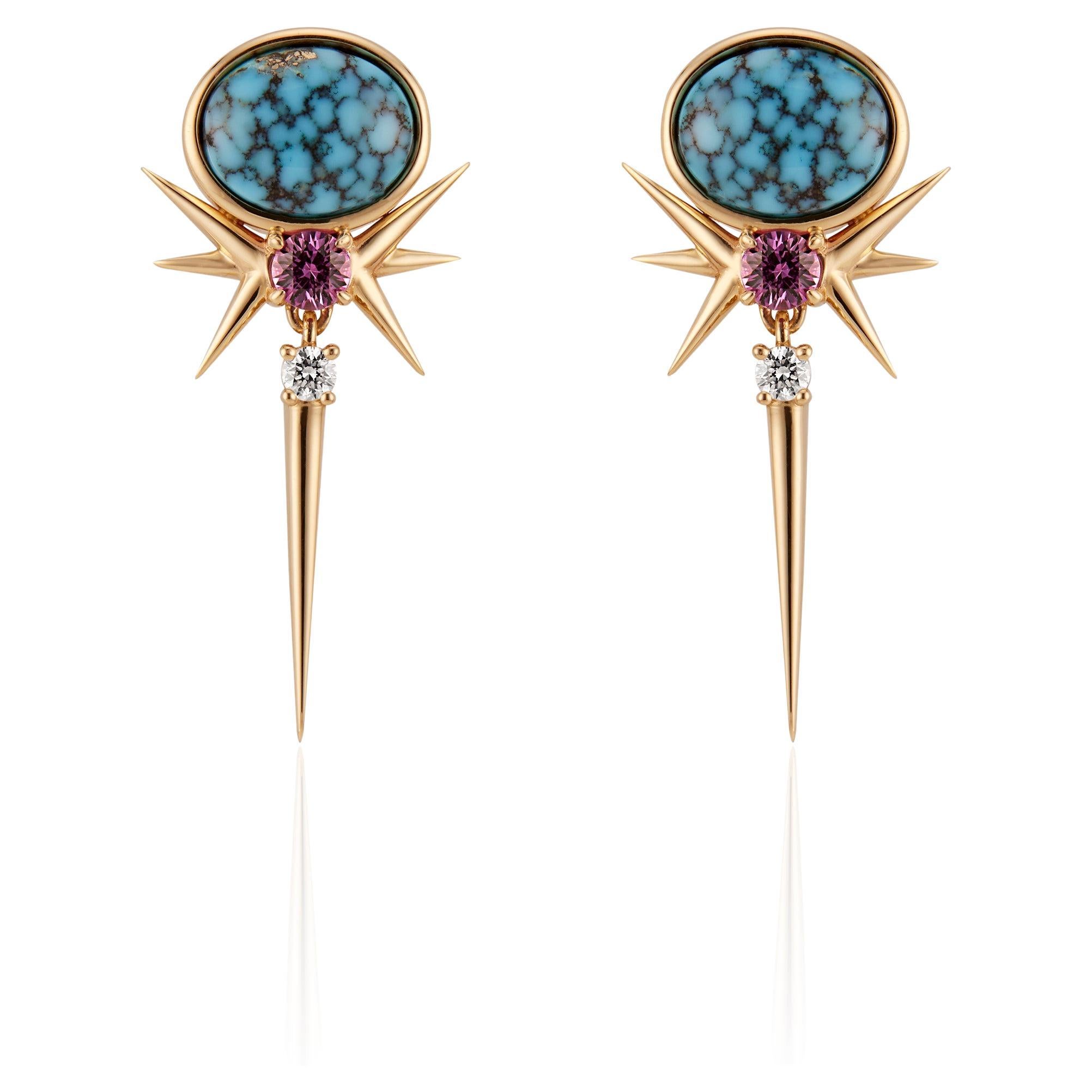 Kingman Turquoise, Fuchsia Sapphire & Diamond Drop Earrings