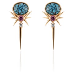 Kingman Turquoise, Fuchsia Sapphire & Diamond Drop Earrings
