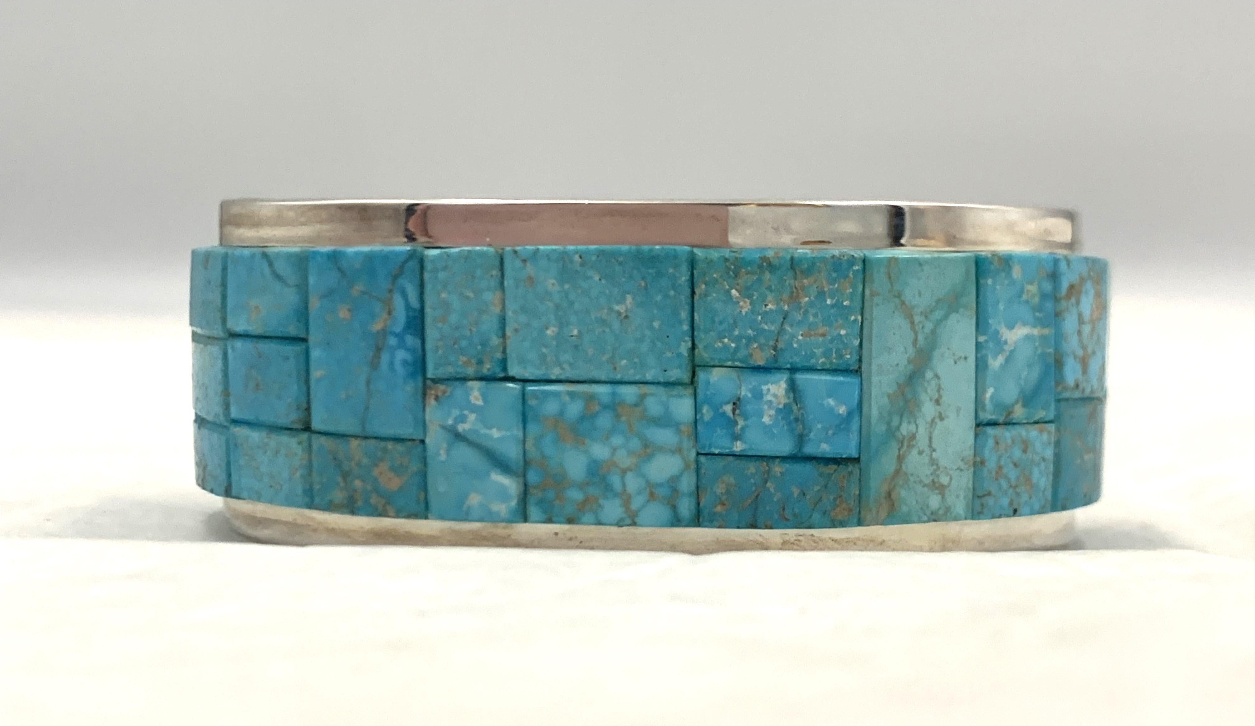 Kingman Turquoise Inlay Sterling Silver Cuff by Tommy Jackson For Sale 6