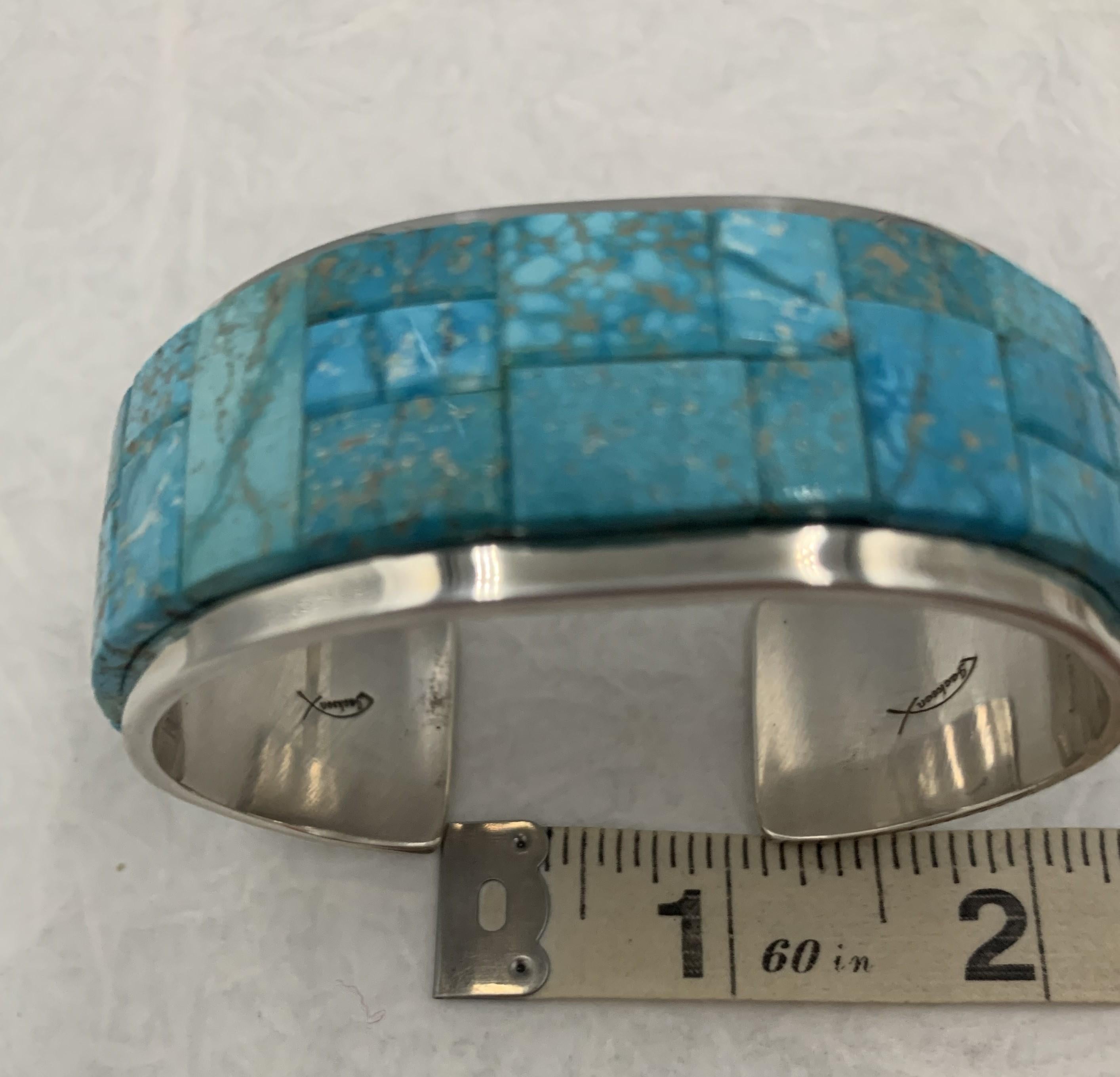 Kingman Turquoise Inlay Sterling Silver Cuff by Tommy Jackson For Sale 9