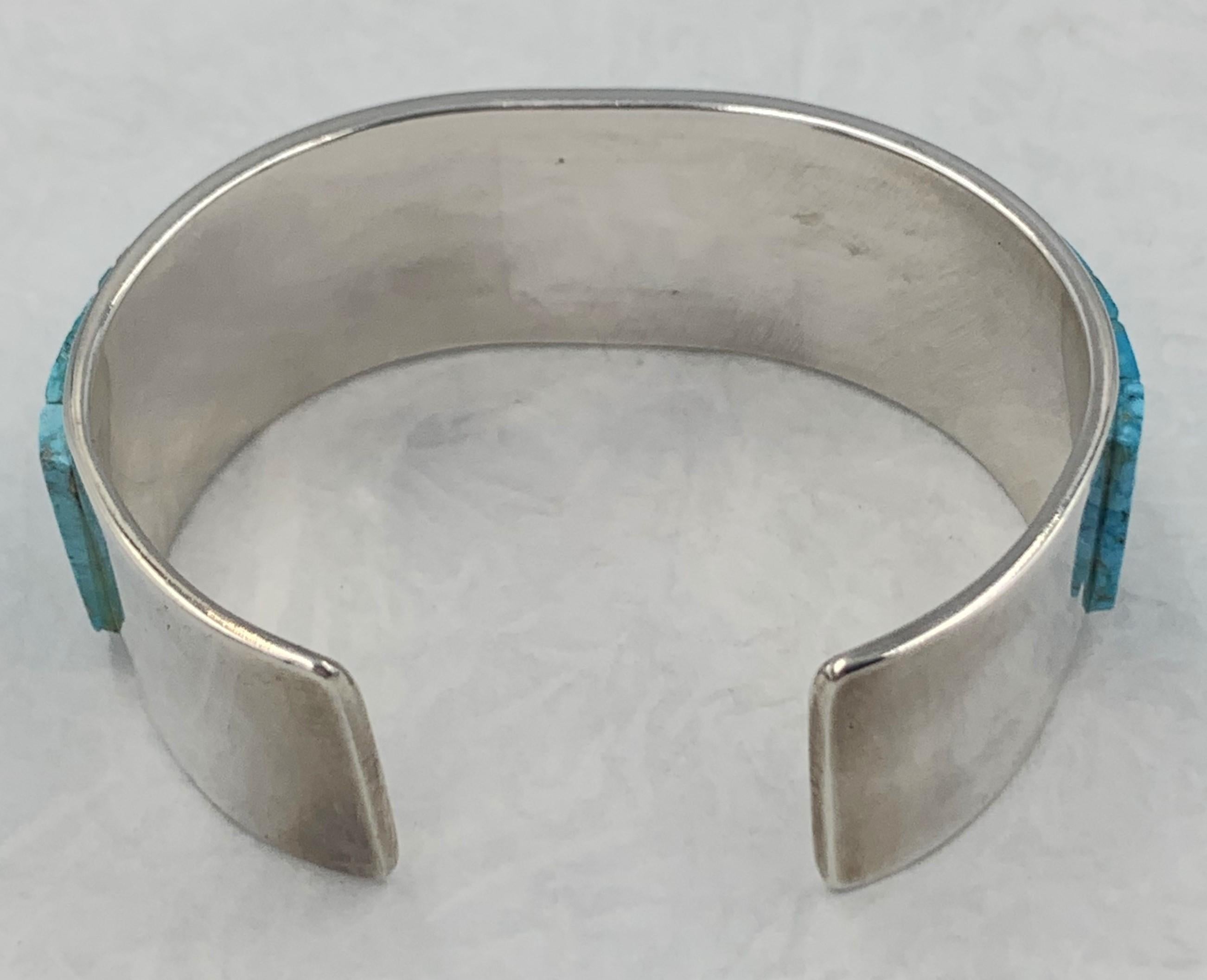 Native American Kingman Turquoise Inlay Sterling Silver Cuff by Tommy Jackson For Sale