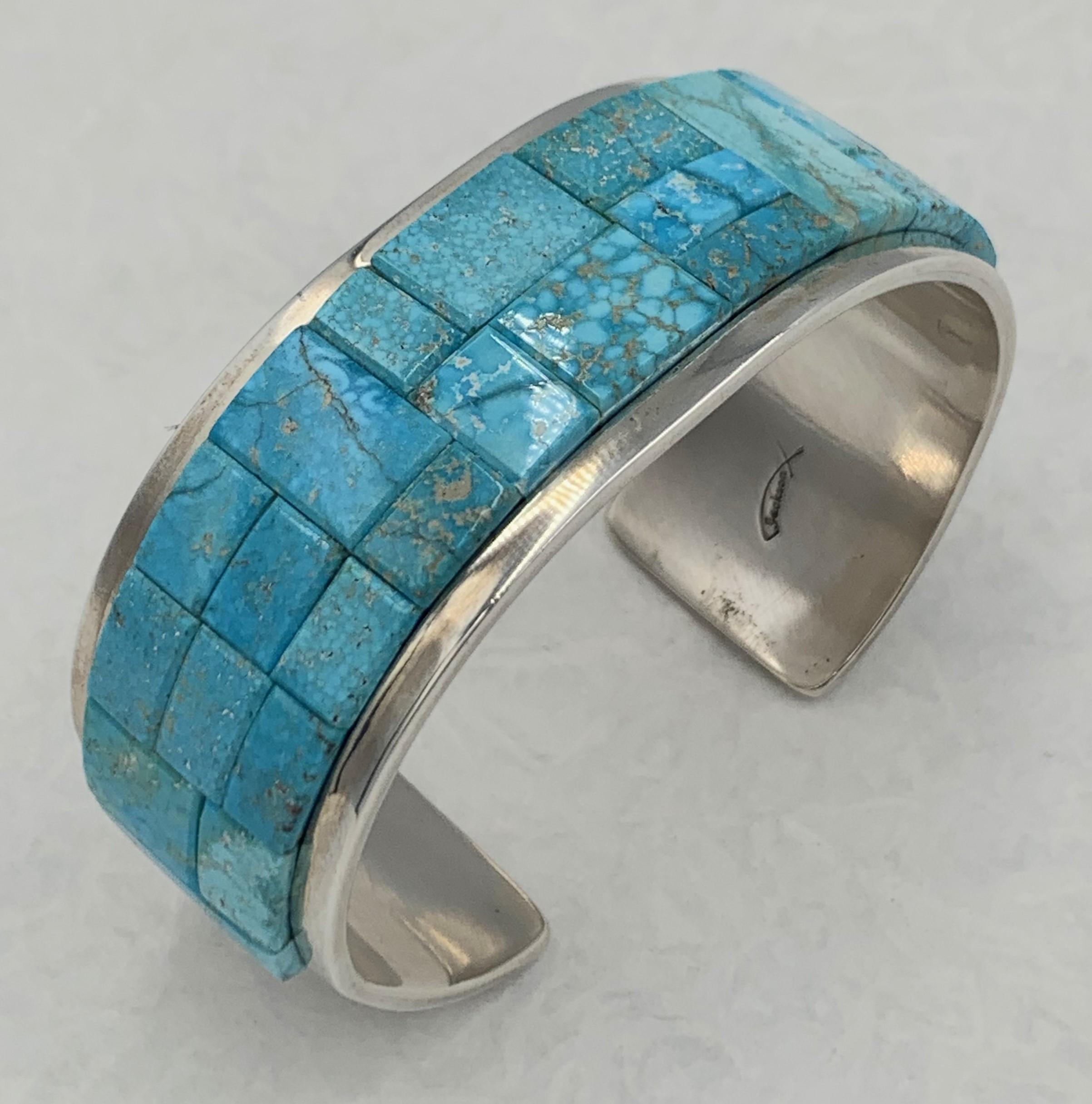 Women's or Men's Kingman Turquoise Inlay Sterling Silver Cuff by Tommy Jackson For Sale