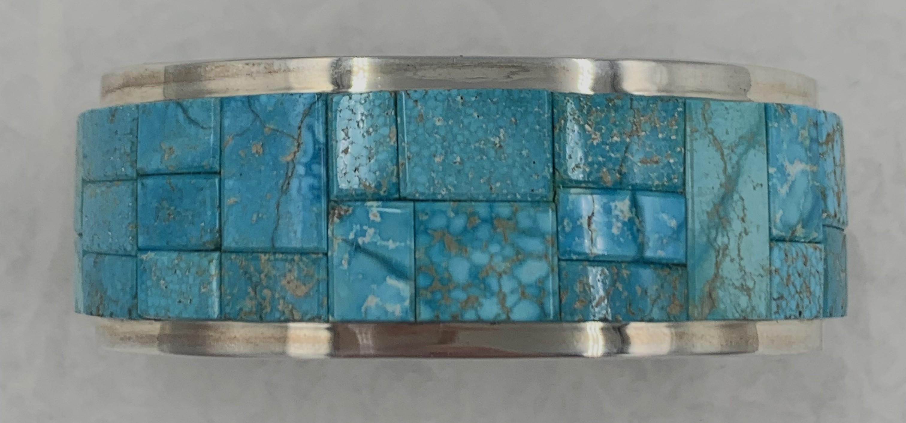 Kingman Turquoise Inlay Sterling Silver Cuff by Tommy Jackson For Sale 1