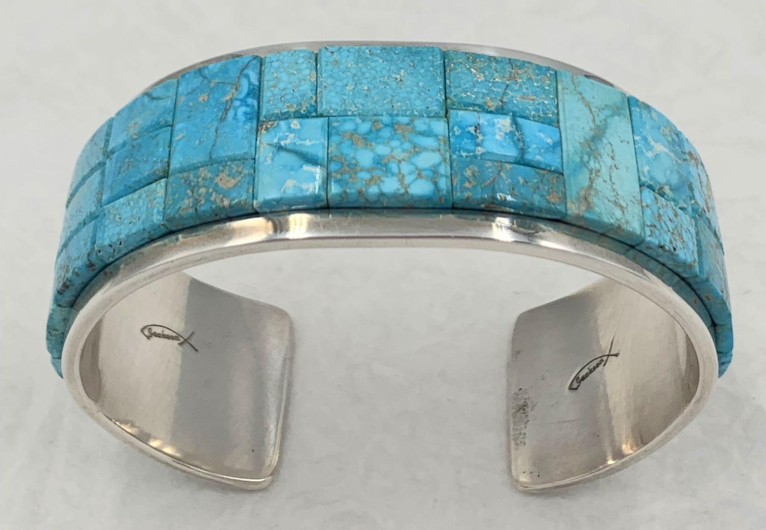 Kingman Turquoise Inlay Sterling Silver Cuff by Tommy Jackson For Sale 3