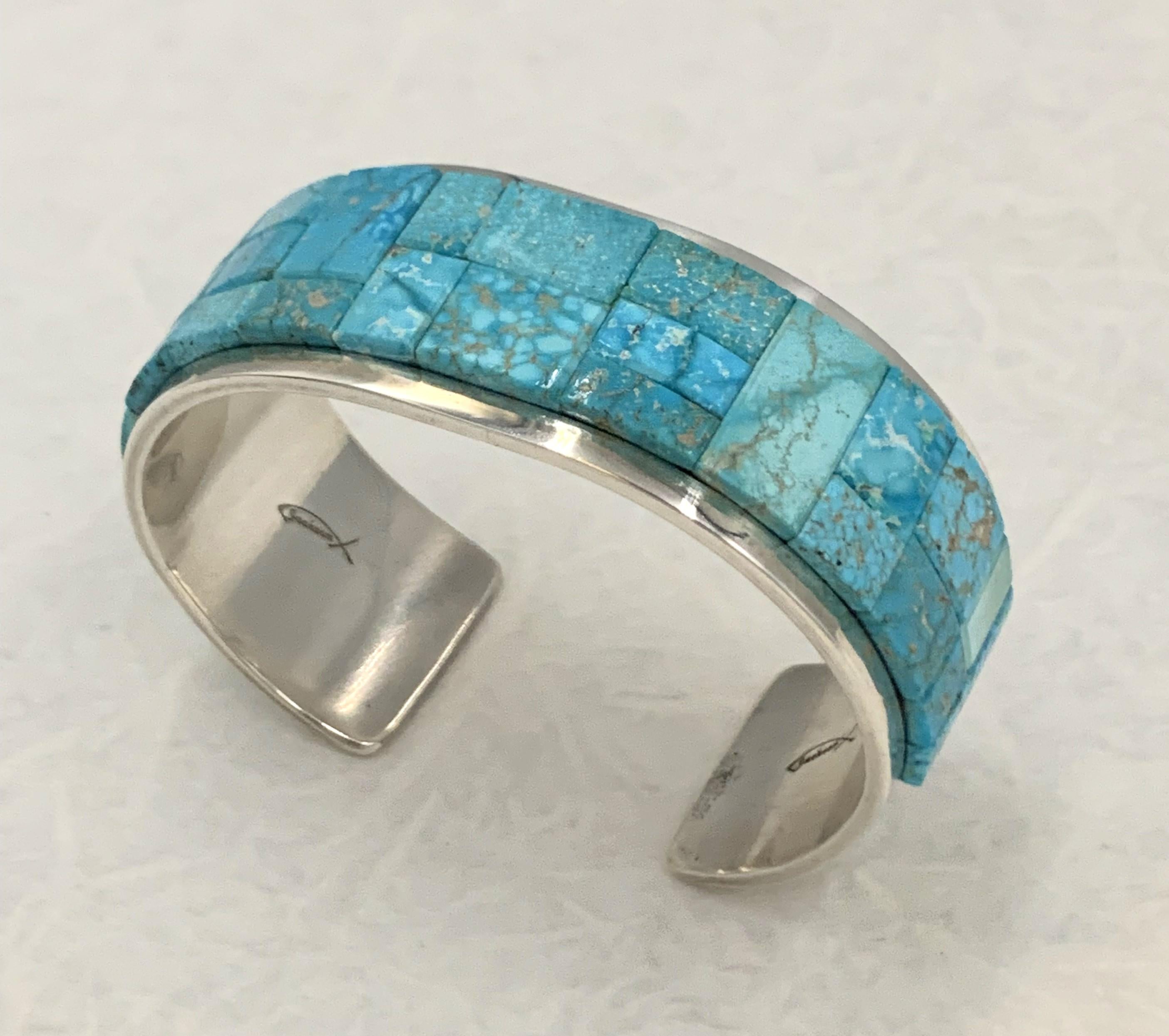 Kingman Turquoise Inlay Sterling Silver Cuff by Tommy Jackson For Sale 3