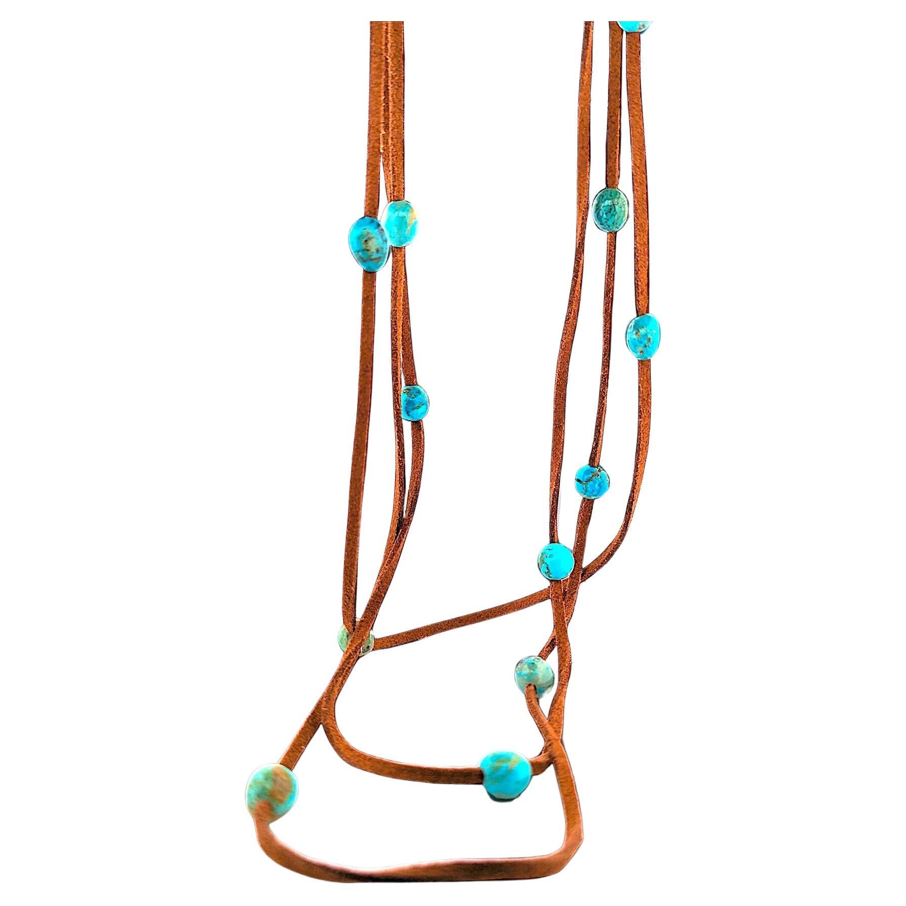 Kingman Turquoise Leather pendant Southwestern Necklace For Sale