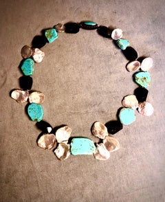 Kingman turquoise necklace with chunky tourmaline and baroque Keshi fan pearls